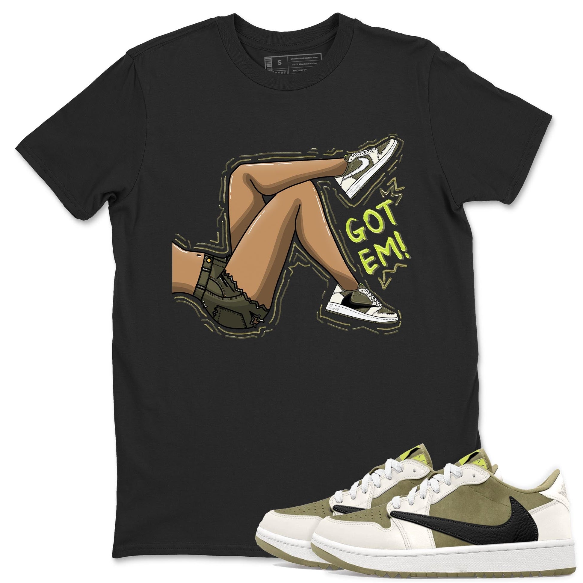 Jordan 1 Low X Travis Scott Golf Olive shirt to match jordans Got Em Legs sneaker release tees Air Jordan 1 Travis Scott Golf Olive SNRT Sneaker Tees Unisex Streetwear Clothing Black 1 T-Shirt