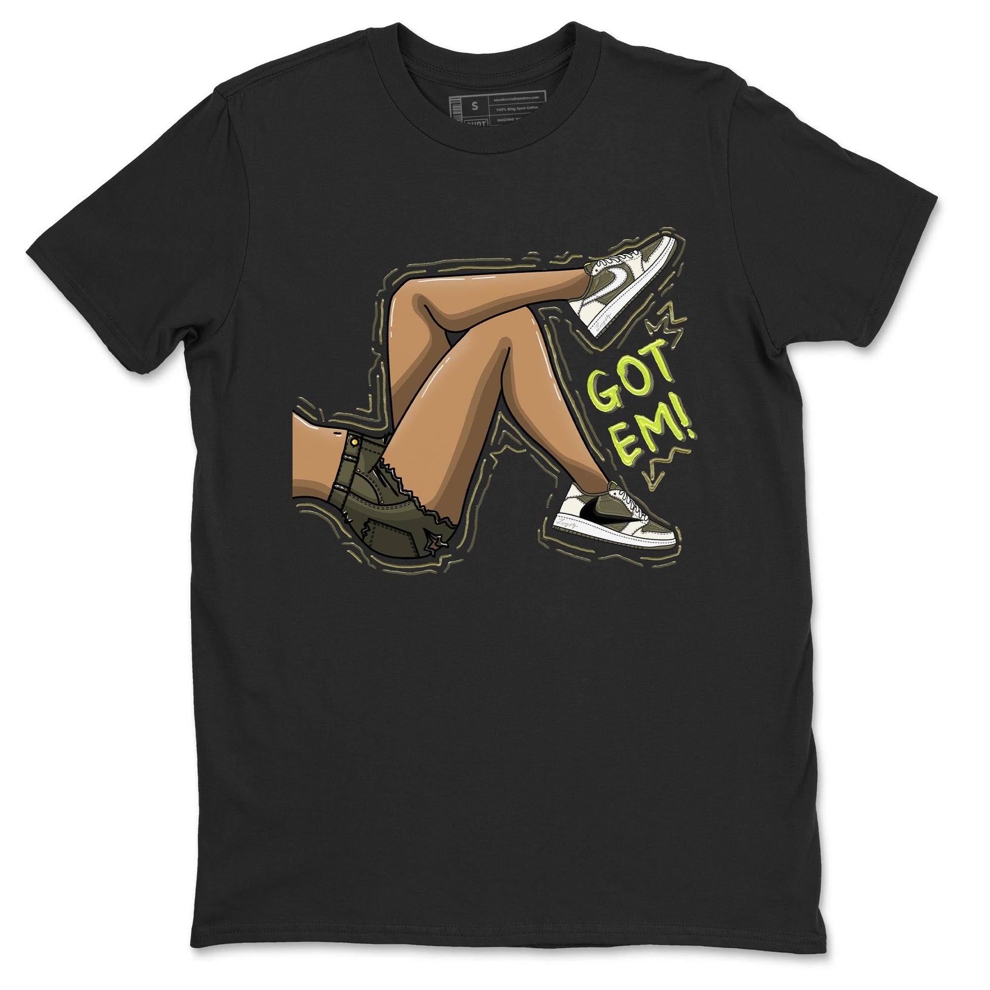 Jordan 1 Low X Travis Scott Golf Olive shirt to match jordans Got Em Legs sneaker release tees Air Jordan 1 Travis Scott Golf Olive SNRT Sneaker Tees Unisex Streetwear Clothing Black 2 T-Shirt