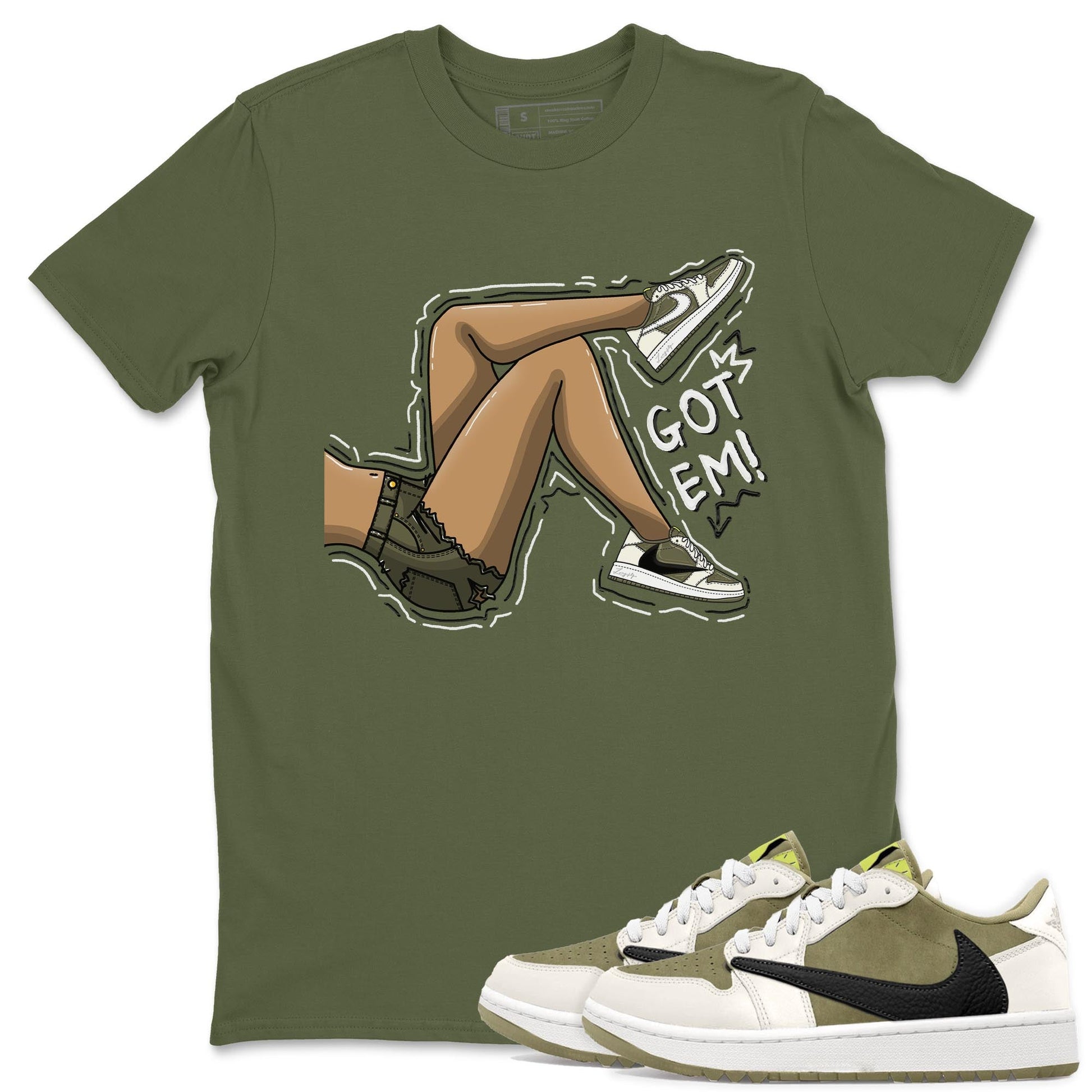 Jordan 1 Low X Travis Scott Golf Olive shirt to match jordans Got Em Legs sneaker release tees Air Jordan 1 Travis Scott Golf Olive SNRT Sneaker Tees Unisex Streetwear Clothing Military Green 1 T-Shirt