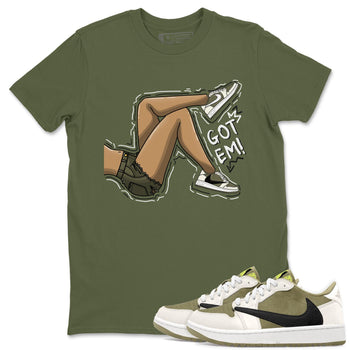 Jordan 1 Low X Travis Scott Golf Olive shirt to match jordans Got Em Legs sneaker release tees Air Jordan 1 Travis Scott Golf Olive SNRT Sneaker Tees Unisex Streetwear Clothing Military Green 1 T-Shirt