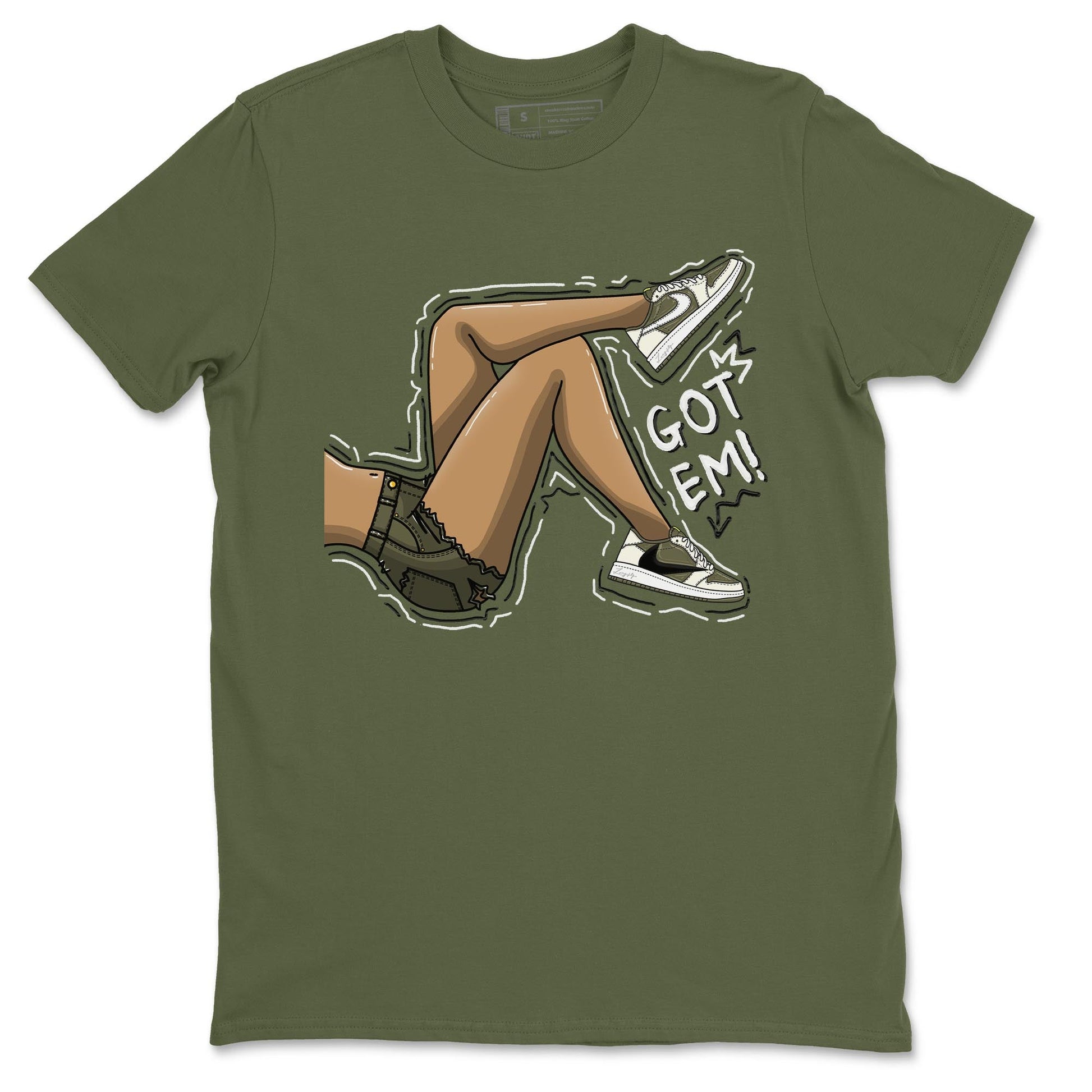 Jordan 1 Low X Travis Scott Golf Olive shirt to match jordans Got Em Legs sneaker release tees Air Jordan 1 Travis Scott Golf Olive SNRT Sneaker Tees Unisex Streetwear Clothing Military Green 2 T-Shirt