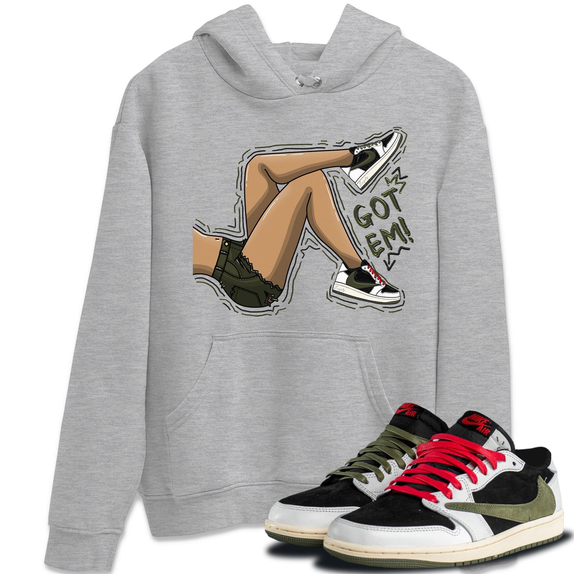 Air Jordan 1 Travis Scott Olive Sneaker Match Tees Got Em Legs Sneaker Tees AJ1 Travis Scott Olive Sneaker Release Tees Unisex Shirts Heather Grey 1