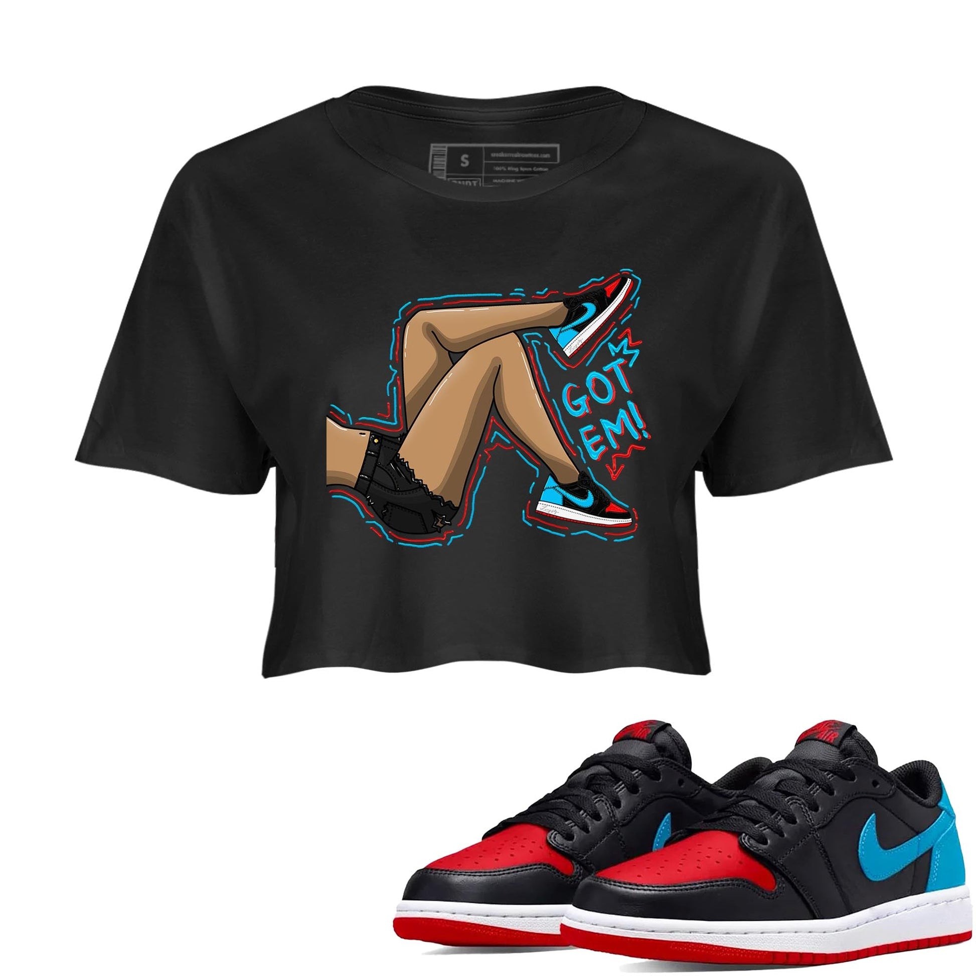 Air Jordan 1 Low UNC to Chicago shirt to match jordans Got Em Legs sneaker tees Air Jordan 1 UNC to Chicago SNRT Sneaker Release Tees Black 1 Crop T-Shirt