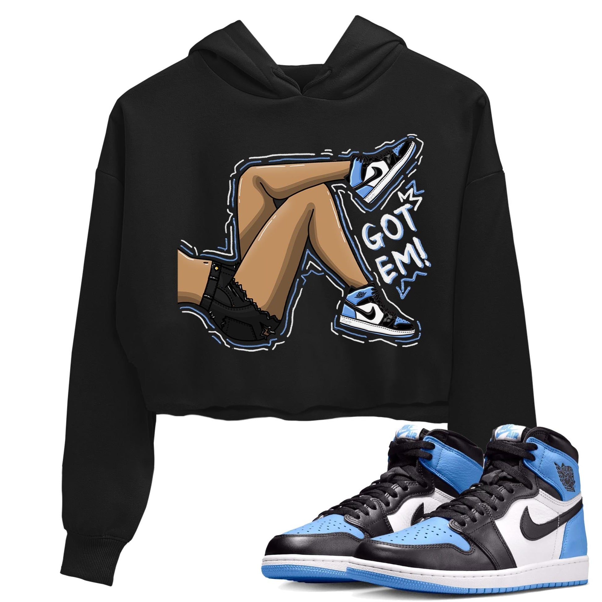 Air Jordan 1 Retro High OG University Blue shirt to match jordans Got Em Legs sneaker tees Air Jordan 1 UNC Toe SNRT Sneaker Release Tees Black 1 Crop T-Shirt
