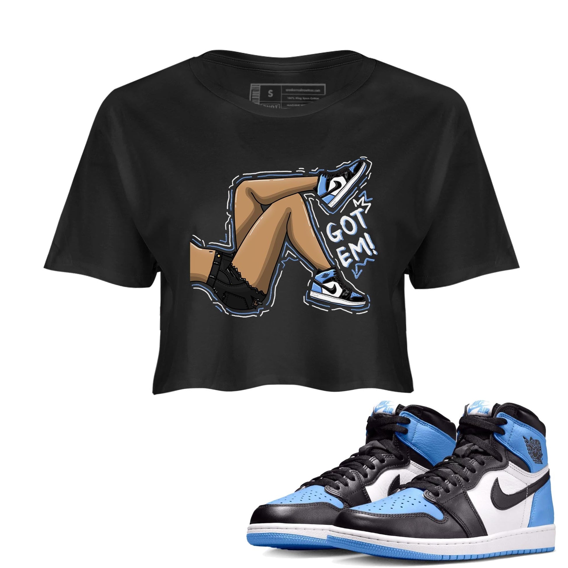 Air Jordan 1 Retro High OG University Blue shirt to match jordans Got Em Legs sneaker tees Air Jordan 1 UNC Toe SNRT Sneaker Release Tees Black 1 Crop T-Shirt