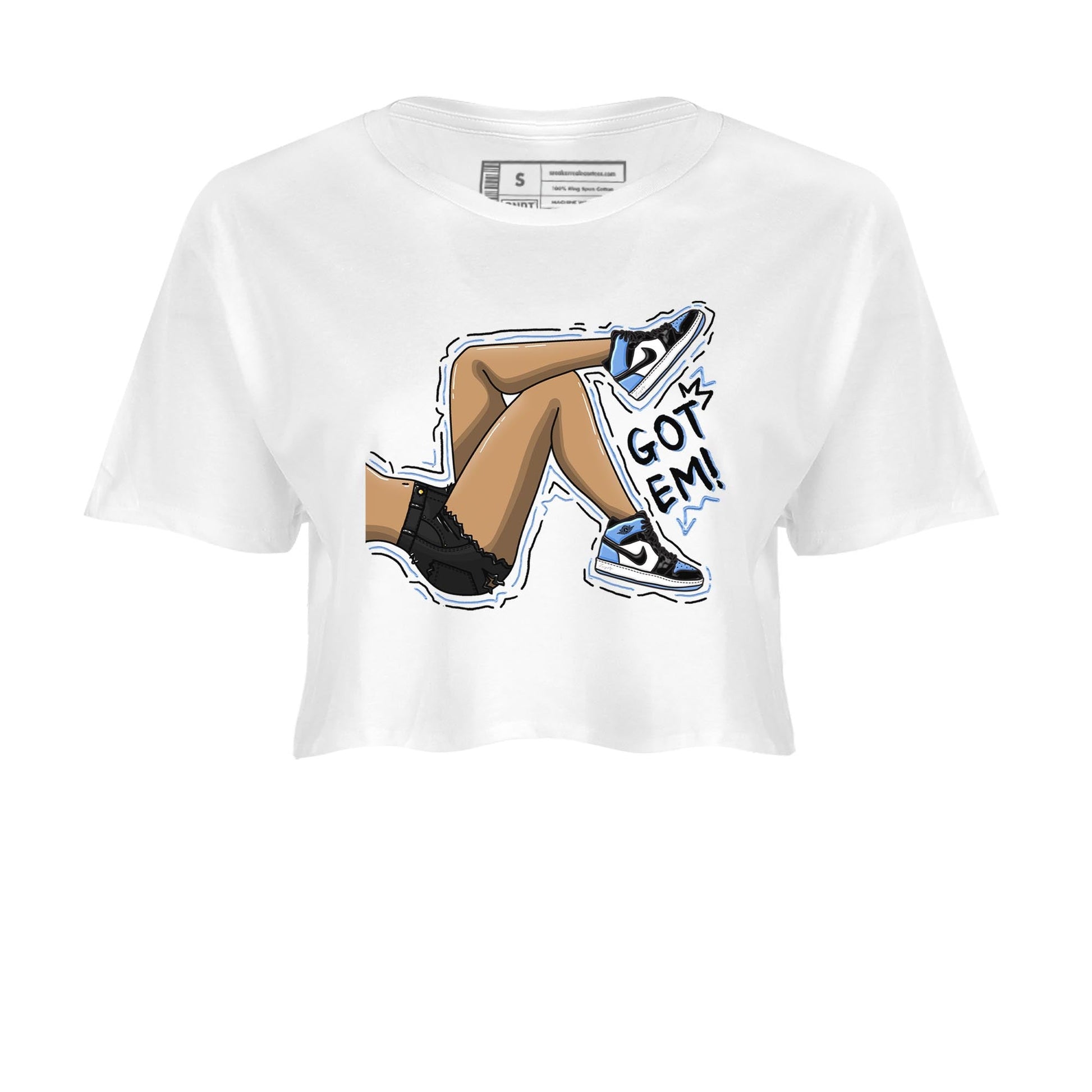 Air Jordan 1 Retro High OG University Blue shirt to match jordans Got Em Legs sneaker tees Air Jordan 1 UNC Toe SNRT Sneaker Release Tees White 2 Crop T-Shirt