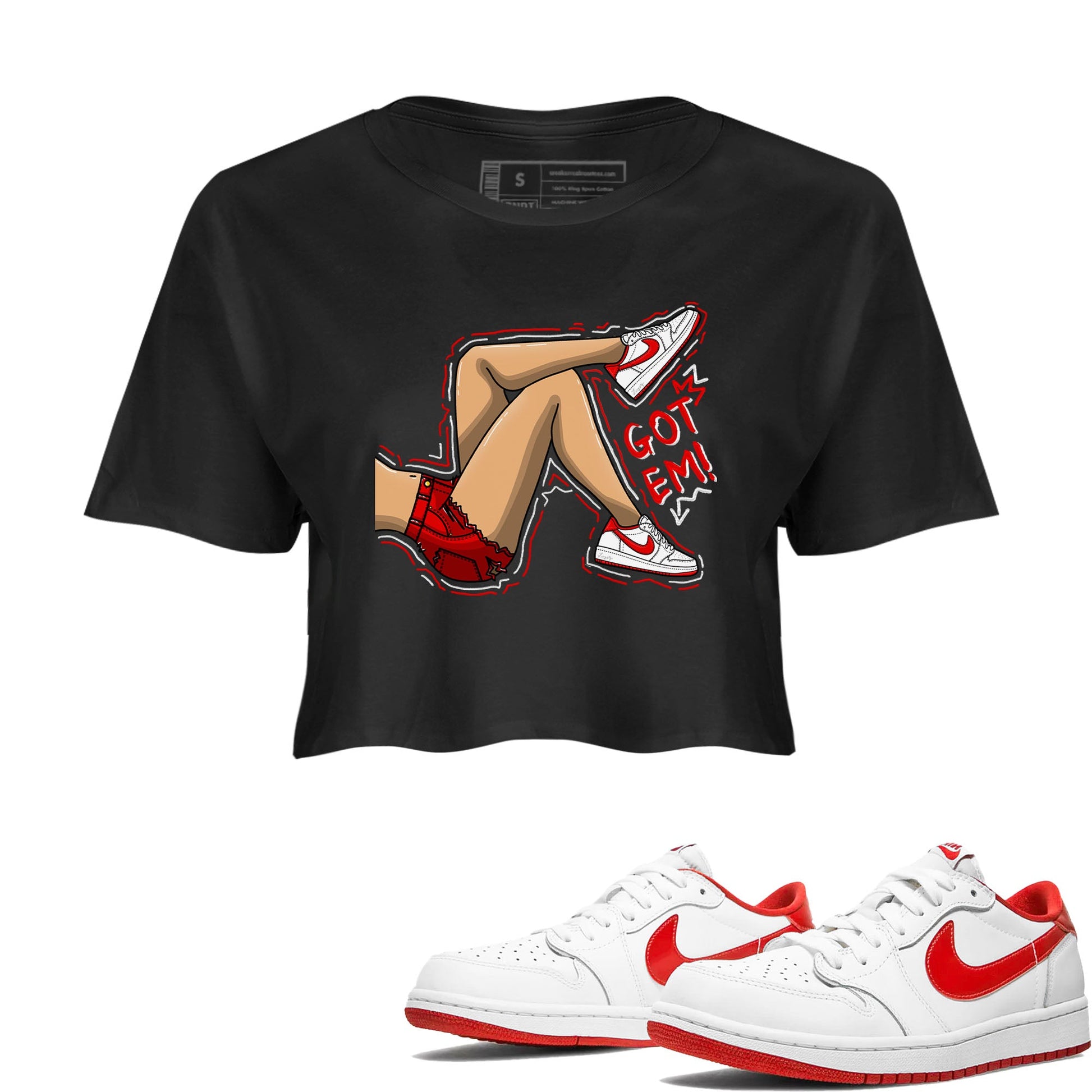 1s Low University Red shirt to match jordans Got Em Legs sneaker tees Air Jordan 1 University Red SNRT Sneaker Tees Sneaker Matching Clothing Brand Black 1 Crop T-Shirt