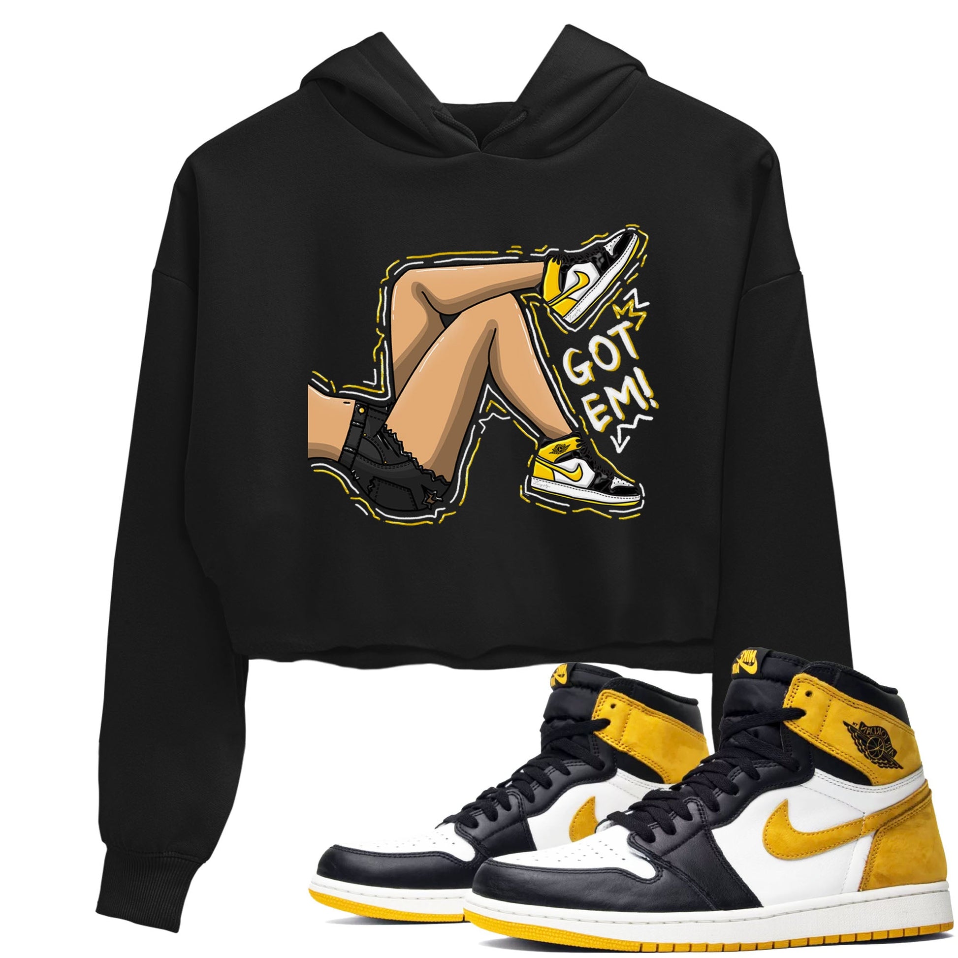 1s Yellow Ochre shirt to match jordans Got Em Legs sneaker tees Air Jordan 1 High OG Yellow Ochre SNRT Sneaker Release Tees Black 1 crop length shirt