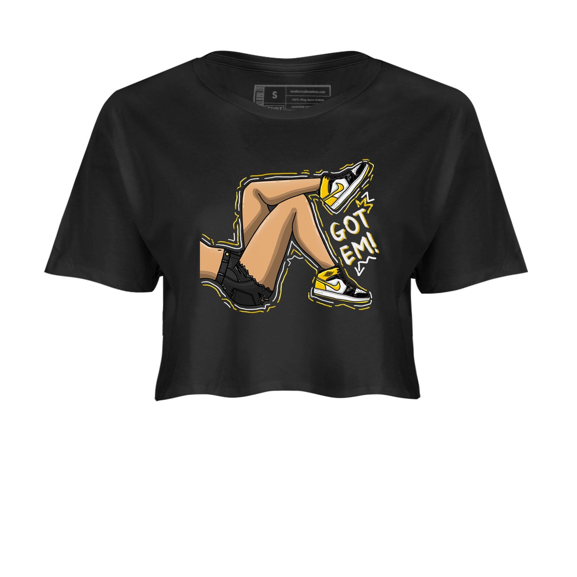 1s Yellow Ochre shirt to match jordans Got Em Legs sneaker tees Air Jordan 1 High OG Yellow Ochre SNRT Sneaker Release Tees Black 2 crop length shirt