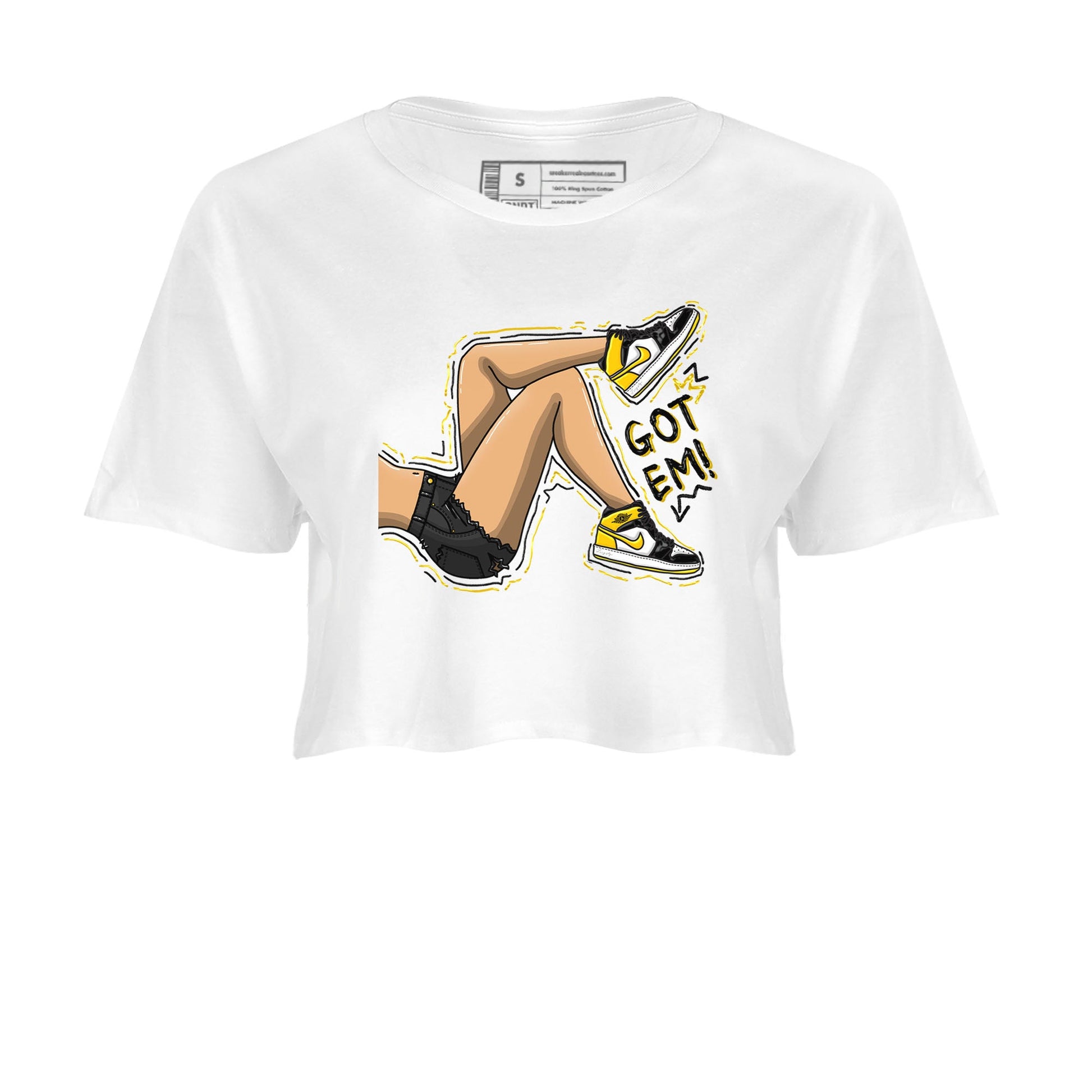 1s Yellow Ochre shirt to match jordans Got Em Legs sneaker tees Air Jordan 1 High OG Yellow Ochre SNRT Sneaker Release Tees White 2 crop length shirt