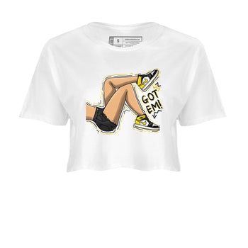 1s Yellow Ochre shirt to match jordans Got Em Legs sneaker tees Air Jordan 1 High OG Yellow Ochre SNRT Sneaker Release Tees White 2 crop length shirt