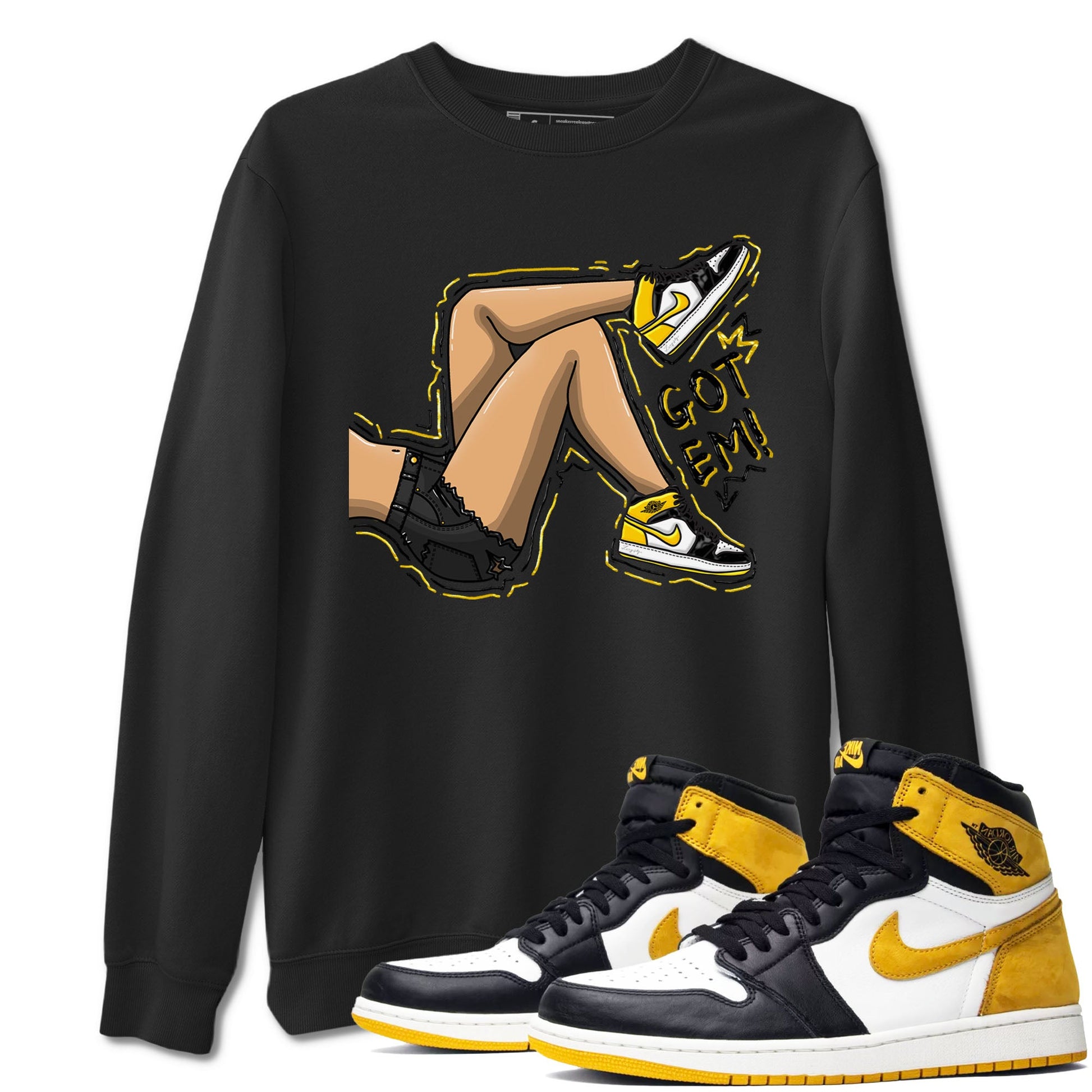 1s Yellow Ochre shirt to match jordans Got Em Legs sneaker tees Air Jordan 1 High OG Yellow Ochre SNRT Sneaker Release Tees unisex cotton Black 1 crew neck shirt