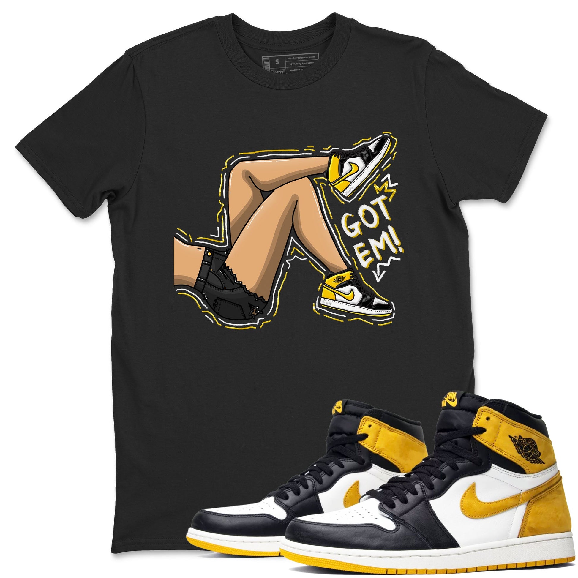 1s Yellow Ochre shirt to match jordans Got Em Legs sneaker tees Air Jordan 1 High OG Yellow Ochre SNRT Sneaker Release Tees unisex cotton Black 1 crew neck shirt