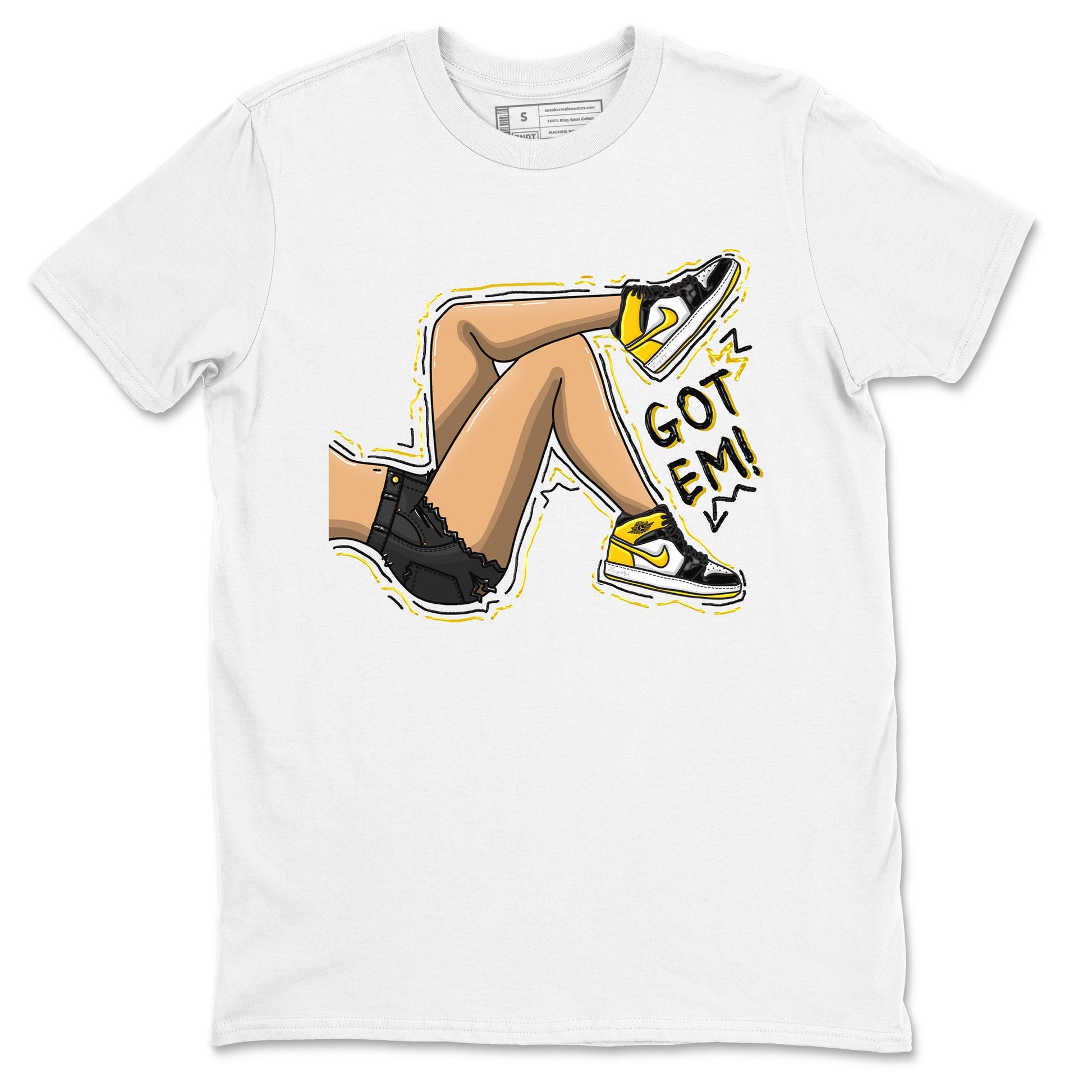 1s Yellow Ochre shirt to match jordans Got Em Legs sneaker tees Air Jordan 1 High OG Yellow Ochre SNRT Sneaker Release Tees unisex cotton White 2 crew neck shirt