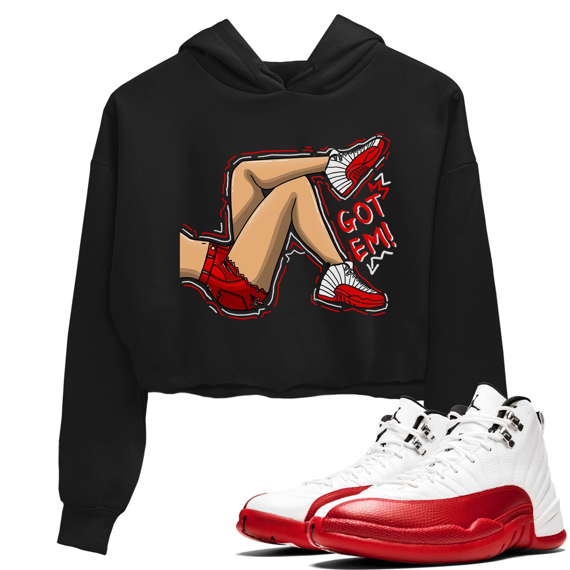 Jordan 12 Retro Cherry shirt to match jordans Varsity Red Got Em Legs special sneaker matching tees 12s Cherry SNRT sneaker tees Black 1 Crop T-Shirt