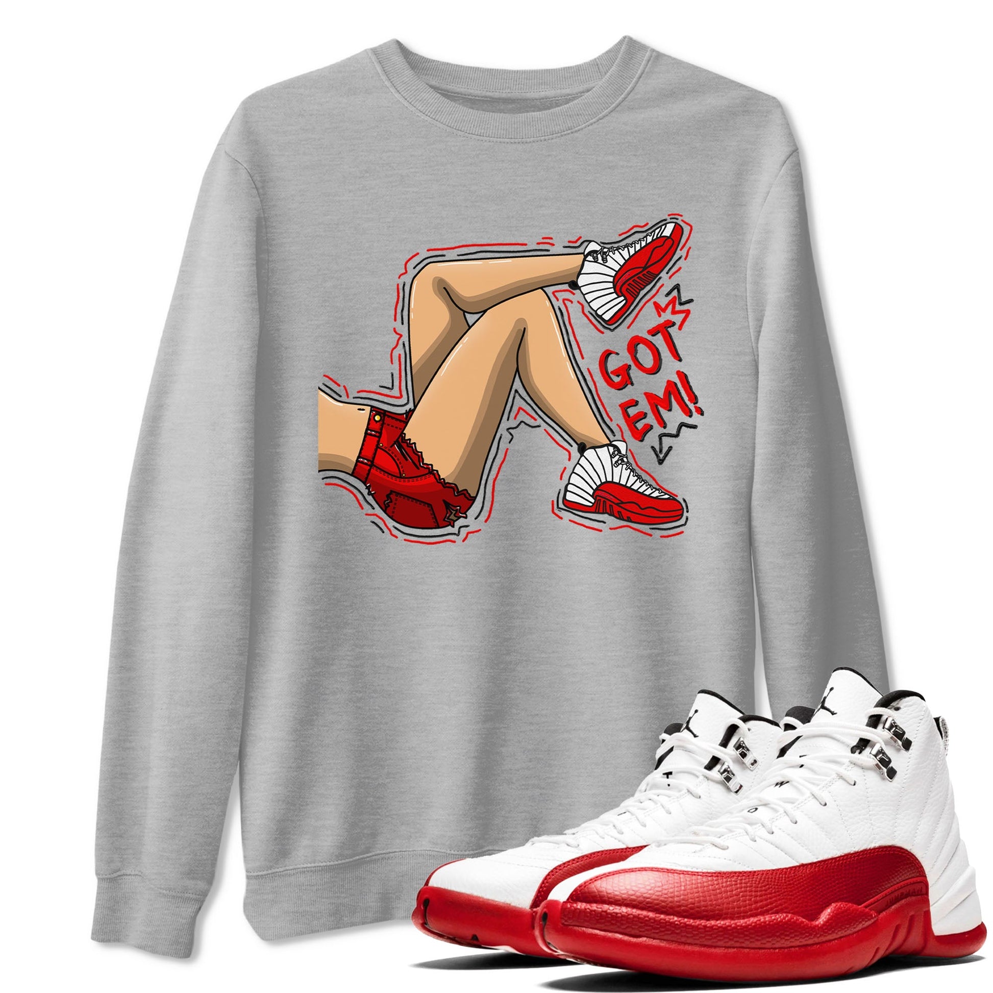 Jordan 12 Retro Cherry shirt to match jordans Varsity Red Got Em Legs special sneaker matching tees 12s Cherry SNRT sneaker tees Unisex Heather Grey 1 T-Shirt