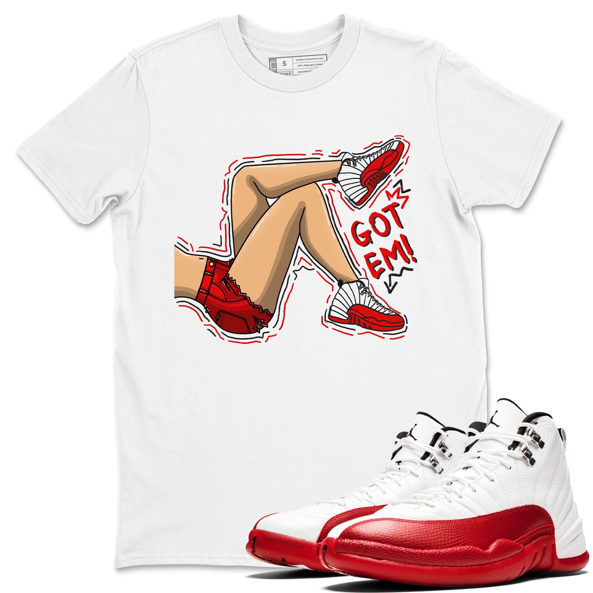 Jordan 12 Retro Cherry shirt to match jordans Varsity Red Got Em Legs special sneaker matching tees 12s Cherry SNRT sneaker tees Unisex White 1 T-Shirt