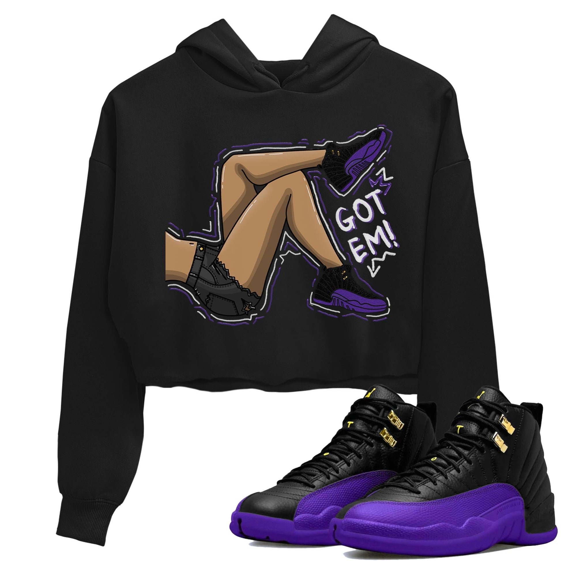 12s Field Purple shirt to match jordans Got Em Legs sneaker tees Air Jordan 12 Field Purple SNRT Sneaker Release Tees Black 1 Crop T-Shirt