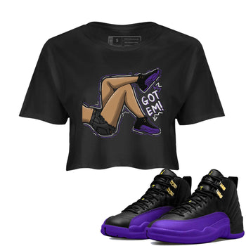 12s Field Purple shirt to match jordans Got Em Legs sneaker tees Air Jordan 12 Field Purple SNRT Sneaker Release Tees Black 1 Crop T-Shirt