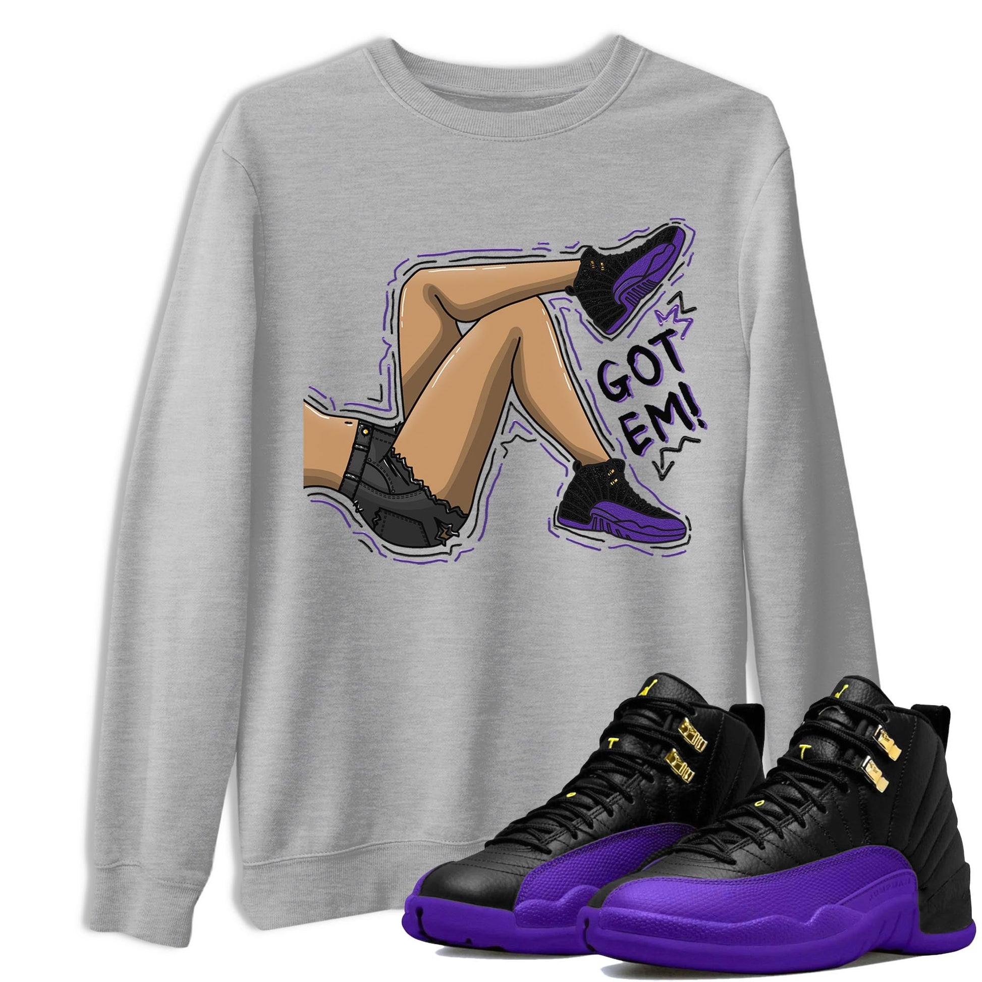 12s Field Purple shirt to match jordans Got Em Legs sneaker tees Air Jordan 12 Field Purple SNRT Sneaker Release Tees Crew Neck Casual Unisex Heather Grey 1 T-Shirt