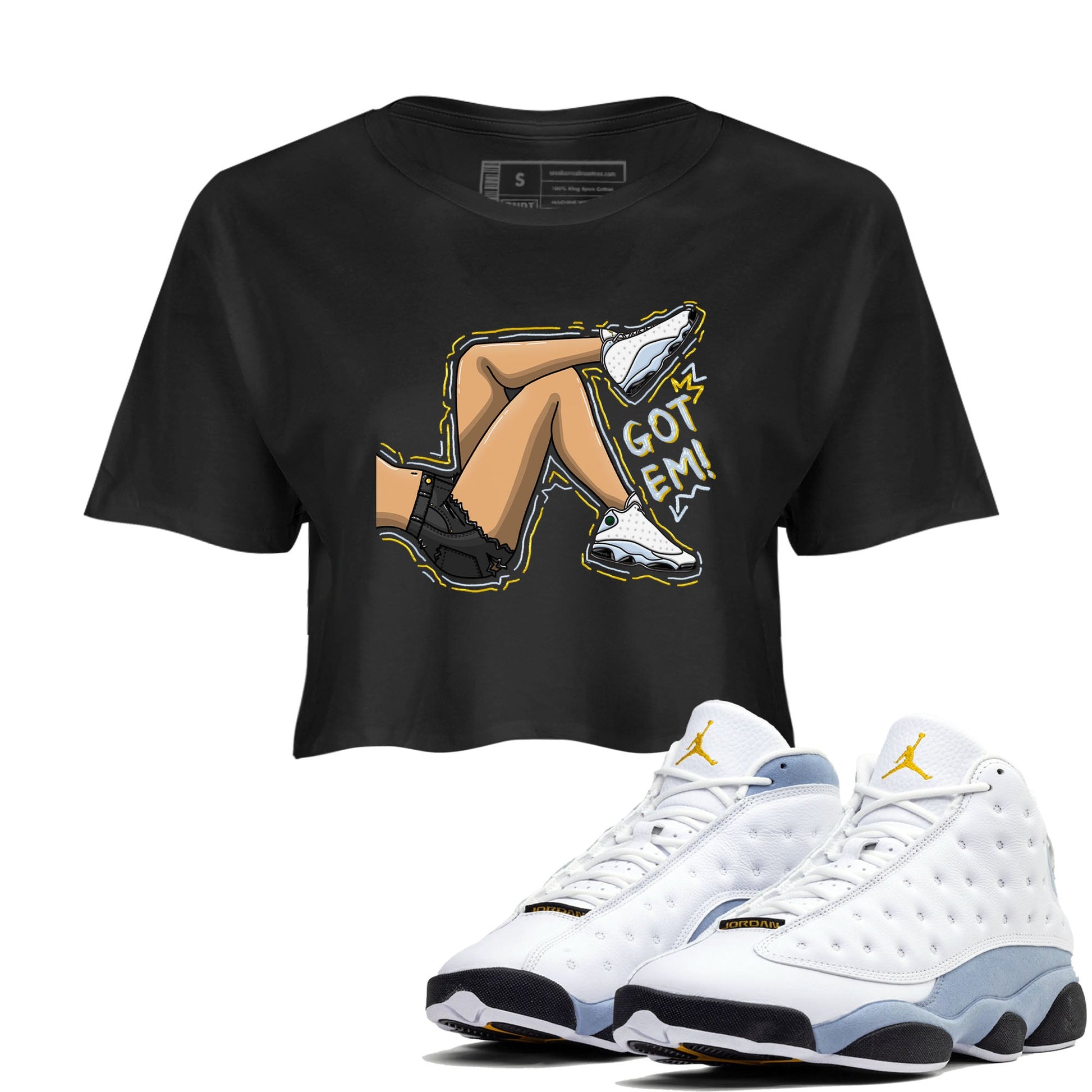 13s Blue Grey shirt to match jordans Got Em Legs sneaker tees Air Jordan 13 Blue Grey SNRT Sneaker Release Tees Black 1 crop length shirt