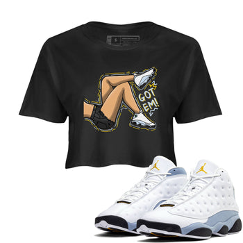 13s Blue Grey shirt to match jordans Got Em Legs sneaker tees Air Jordan 13 Blue Grey SNRT Sneaker Release Tees Black 1 crop length shirt