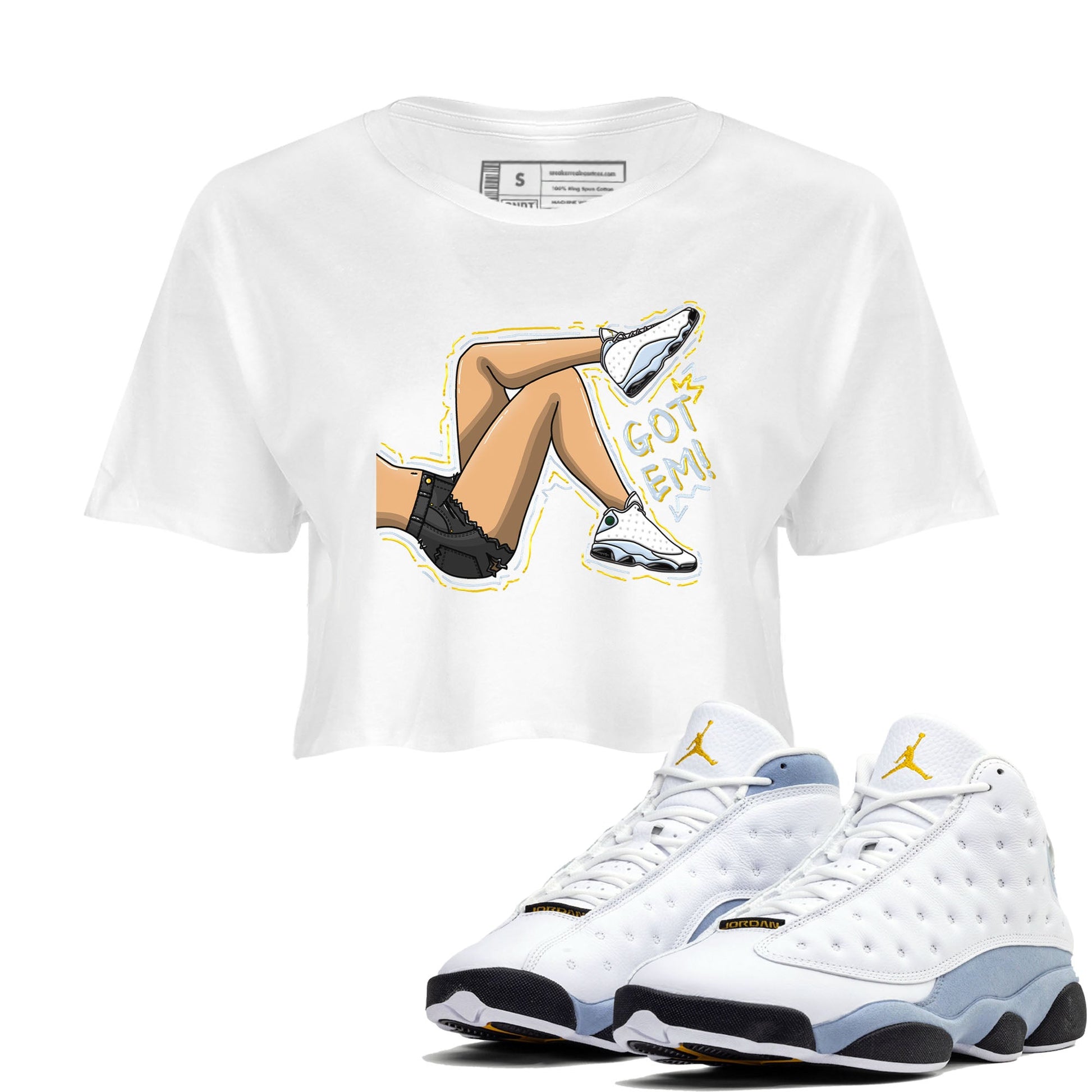 13s Blue Grey shirt to match jordans Got Em Legs sneaker tees Air Jordan 13 Blue Grey SNRT Sneaker Release Tees White 1 crop length shirt