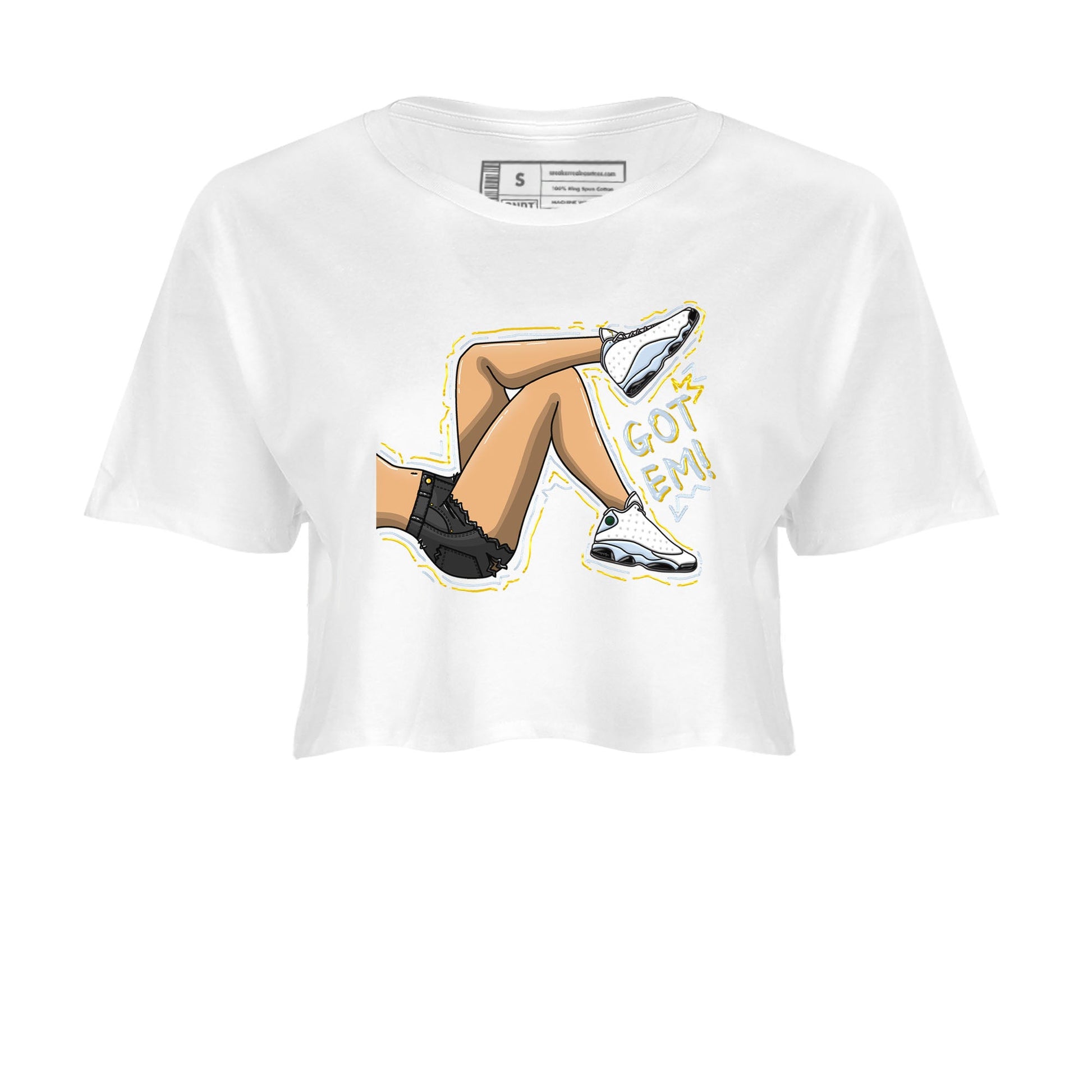 13s Blue Grey shirt to match jordans Got Em Legs sneaker tees Air Jordan 13 Blue Grey SNRT Sneaker Release Tees White 2 crop length shirt