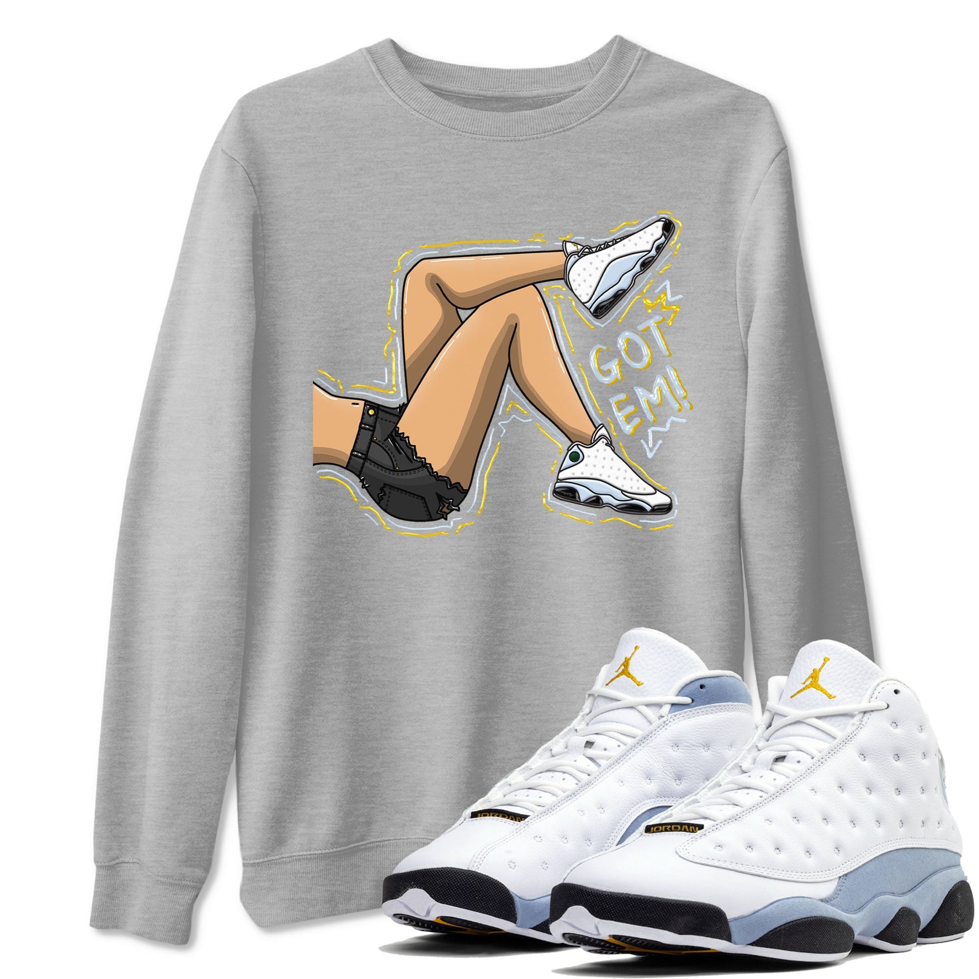 13s Blue Grey shirt to match jordans Got Em Legs sneaker tees Air Jordan 13 Blue Grey SNRT Sneaker Release Tees unisex cotton Heather Grey 1 crew neck shirt