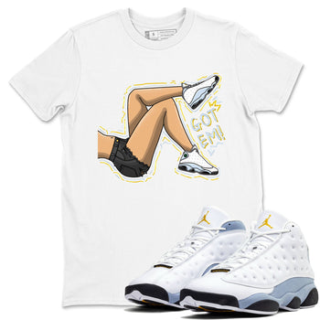 13s Blue Grey shirt to match jordans Got Em Legs sneaker tees Air Jordan 13 Blue Grey SNRT Sneaker Release Tees unisex cotton White 1 crew neck shirt