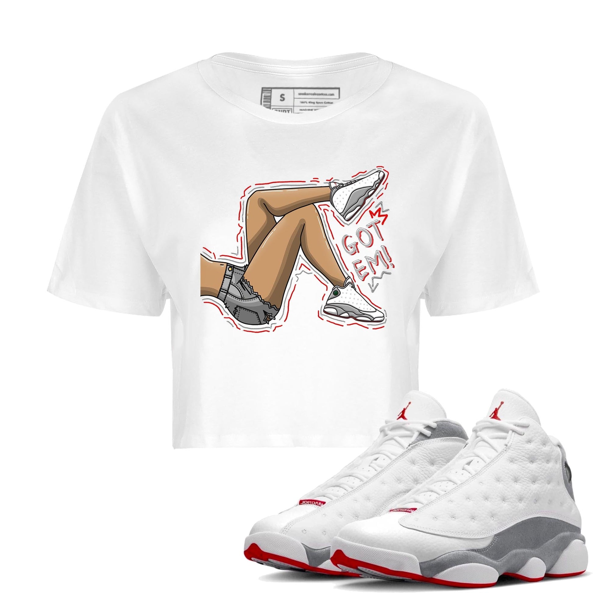 AJ13 Wolf Grey Sneaker Match Tees Got Em Legs Sneaker Tees Air Jordan 13 Wolf Grey SNRT Sneaker Release Tees Women's Shirts White 1