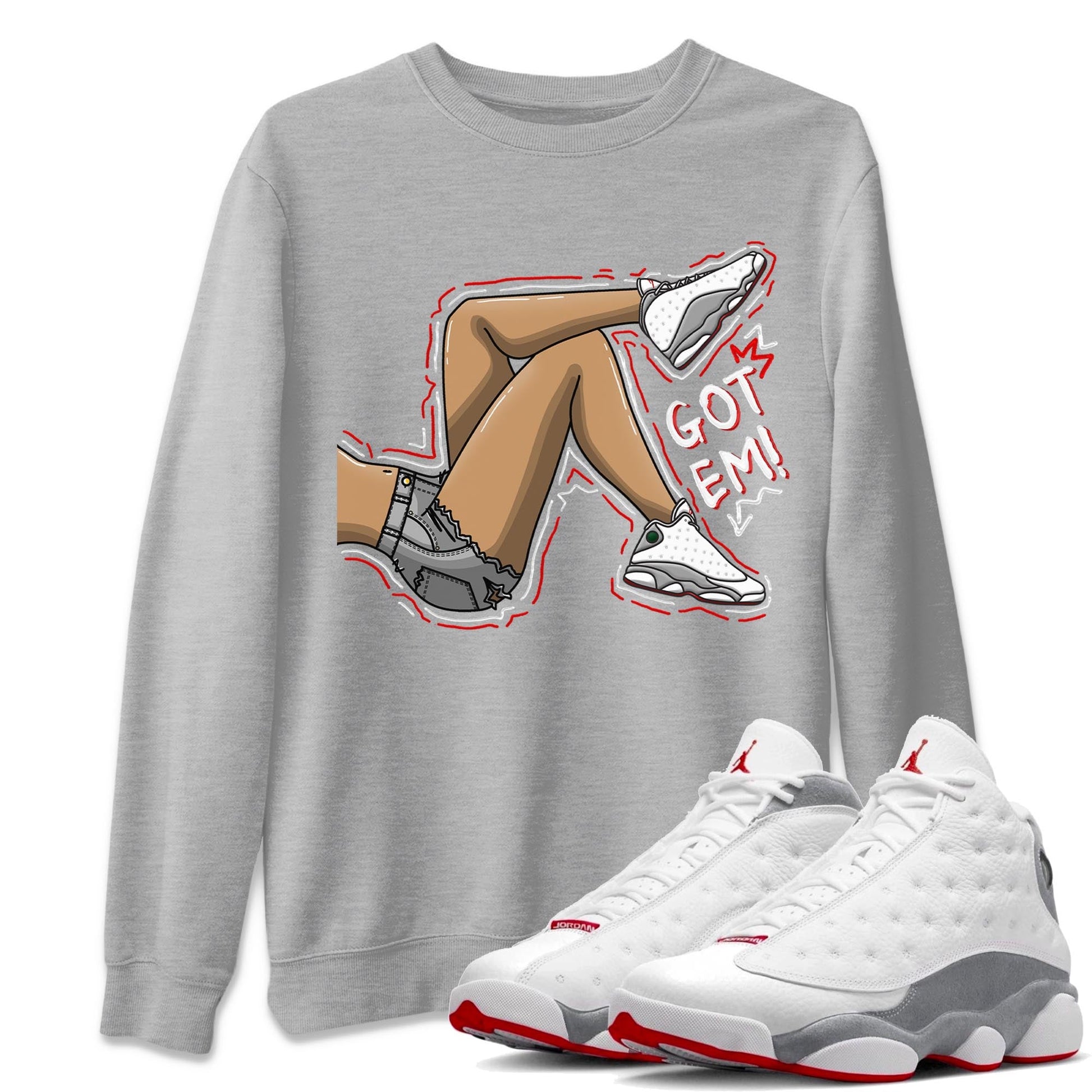 AJ13 Wolf Grey Sneaker Match Tees Got Em Legs Sneaker Tees Air Jordan 13 Wolf Grey SNRT Sneaker Release Tees Unisex Shirts Heather Grey 1