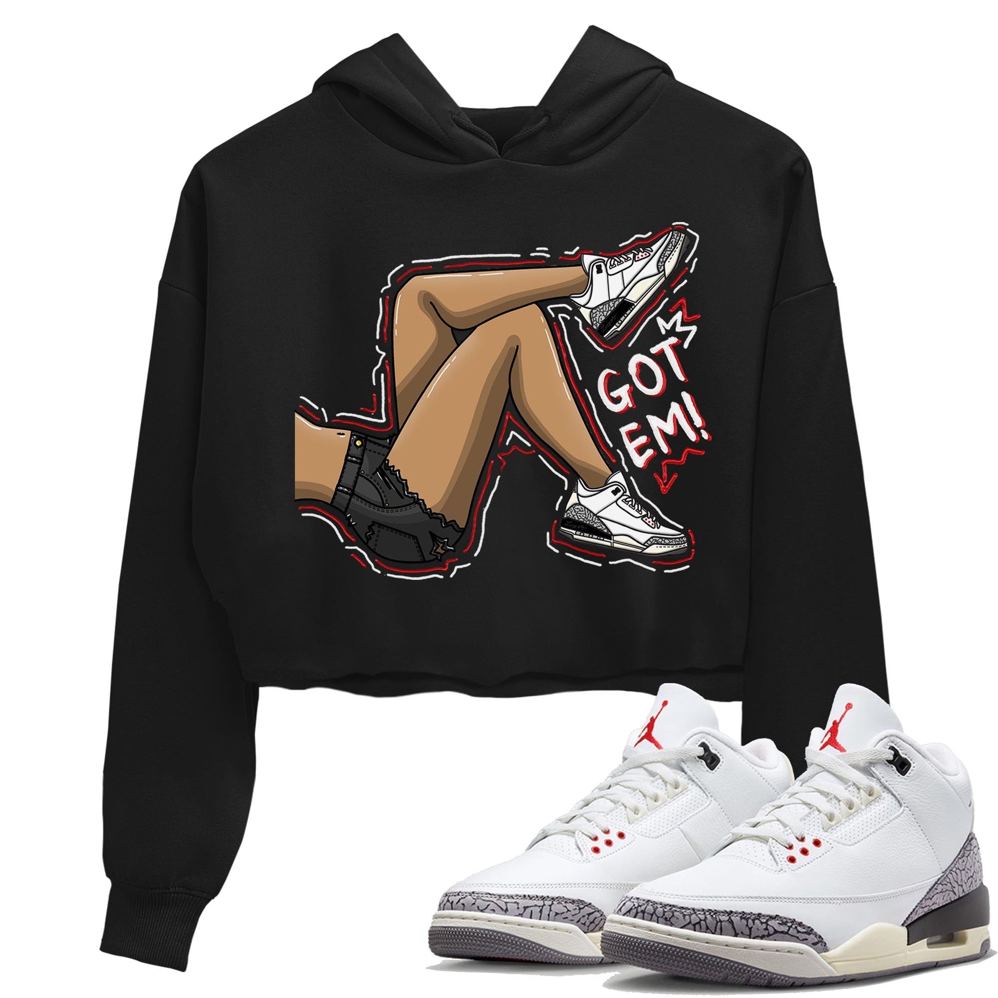 Air Jordan 3 White Cement Sneaker Match Tees Got Em Legs Sneaker Tees AJ 3s White Cement Sneaker Release Tees Women's Shirts Black 1