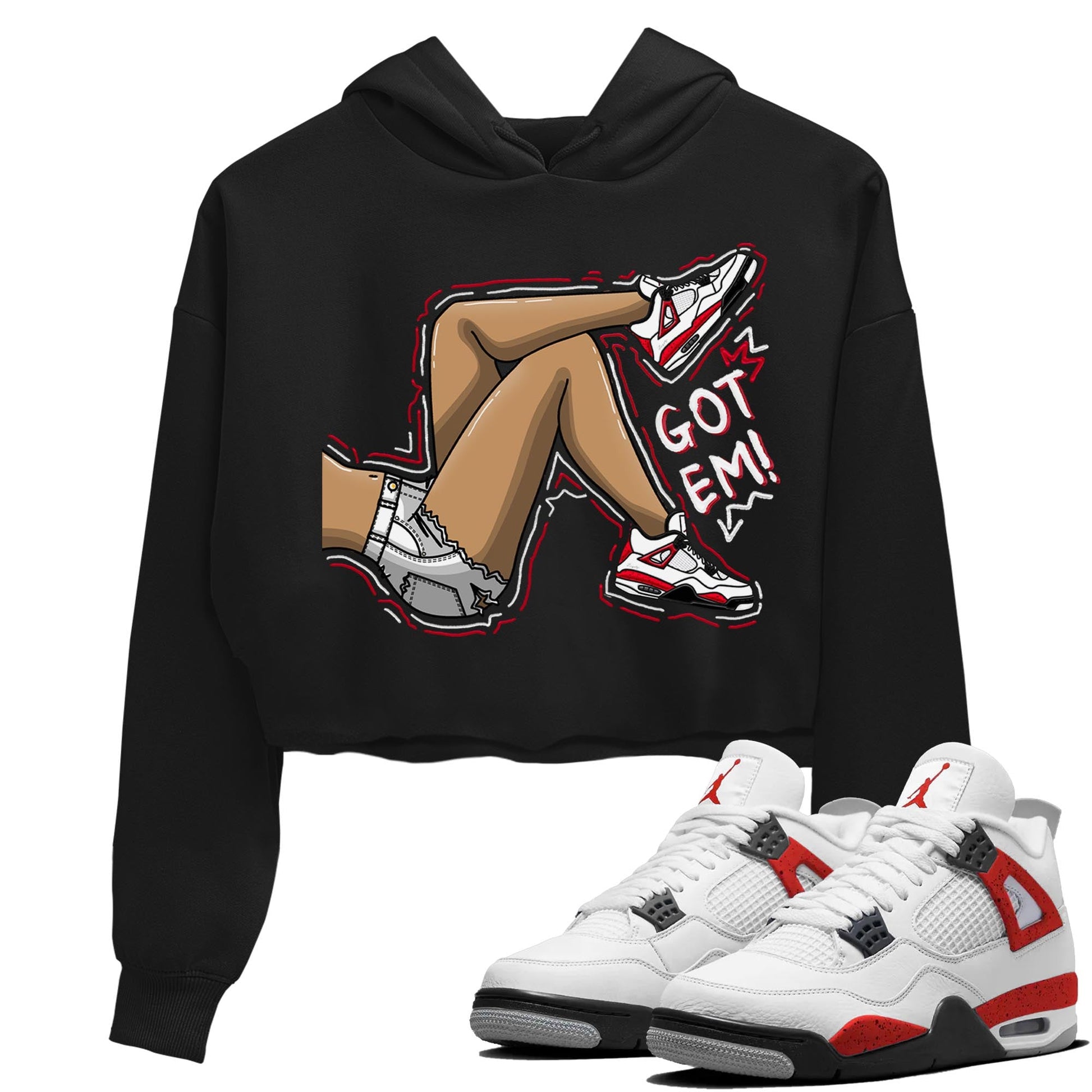 4s Red Cement shirt to match jordans Got Em Legs sneaker tees Air Jordan 4 Red Cement SNRT Sneaker Release Tees Black 1 Crop T-Shirt