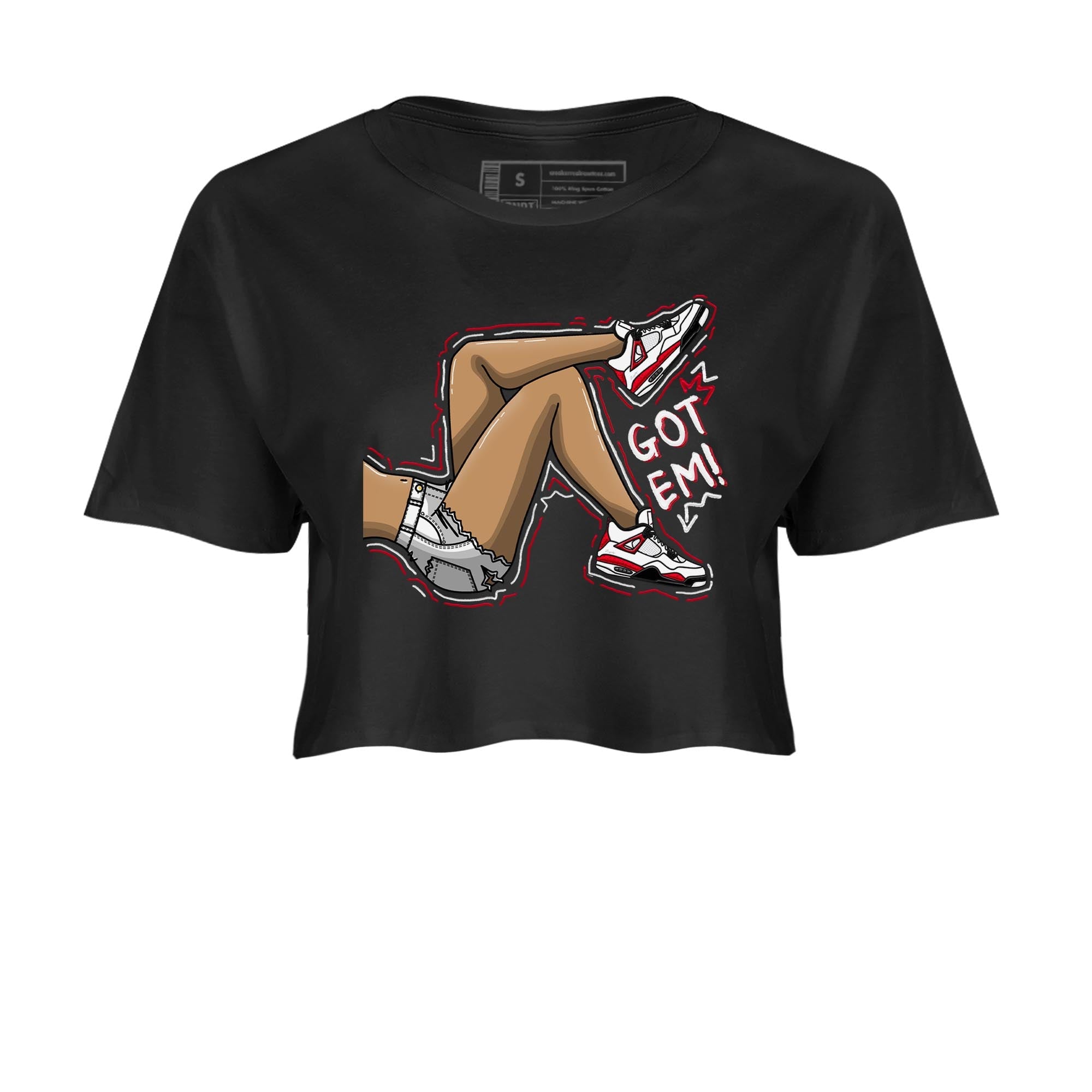 4s Red Cement shirt to match jordans Got Em Legs sneaker tees Air Jordan 4 Red Cement SNRT Sneaker Release Tees Black 2 Crop T-Shirt