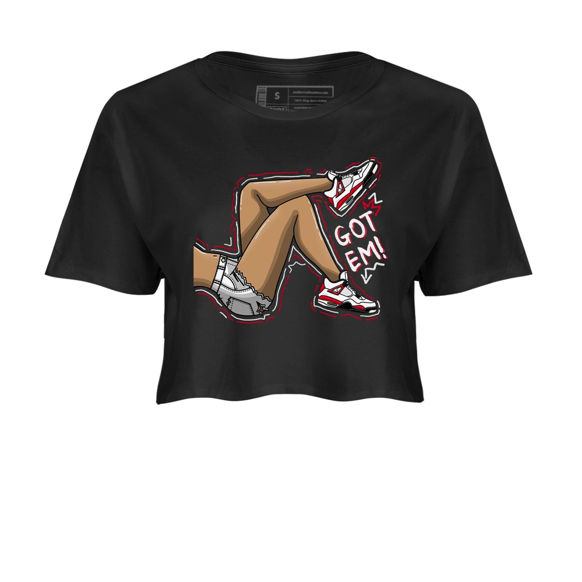 4s Red Cement shirt to match jordans Got Em Legs sneaker tees Air Jordan 4 Red Cement SNRT Sneaker Release Tees Black 2 Crop T-Shirt