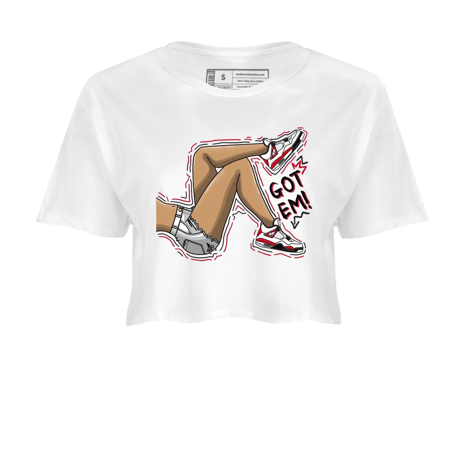 4s Red Cement shirt to match jordans Got Em Legs sneaker tees Air Jordan 4 Red Cement SNRT Sneaker Release Tees White 2 Crop T-Shirt