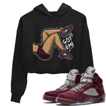 Jordan 5 Burgundy shirt to match jordans Got Em Legs sneaker tees Crew Neck AJ5 Burgundy SNRT Sneaker Release Tees Black 1 Crop T-Shirt
