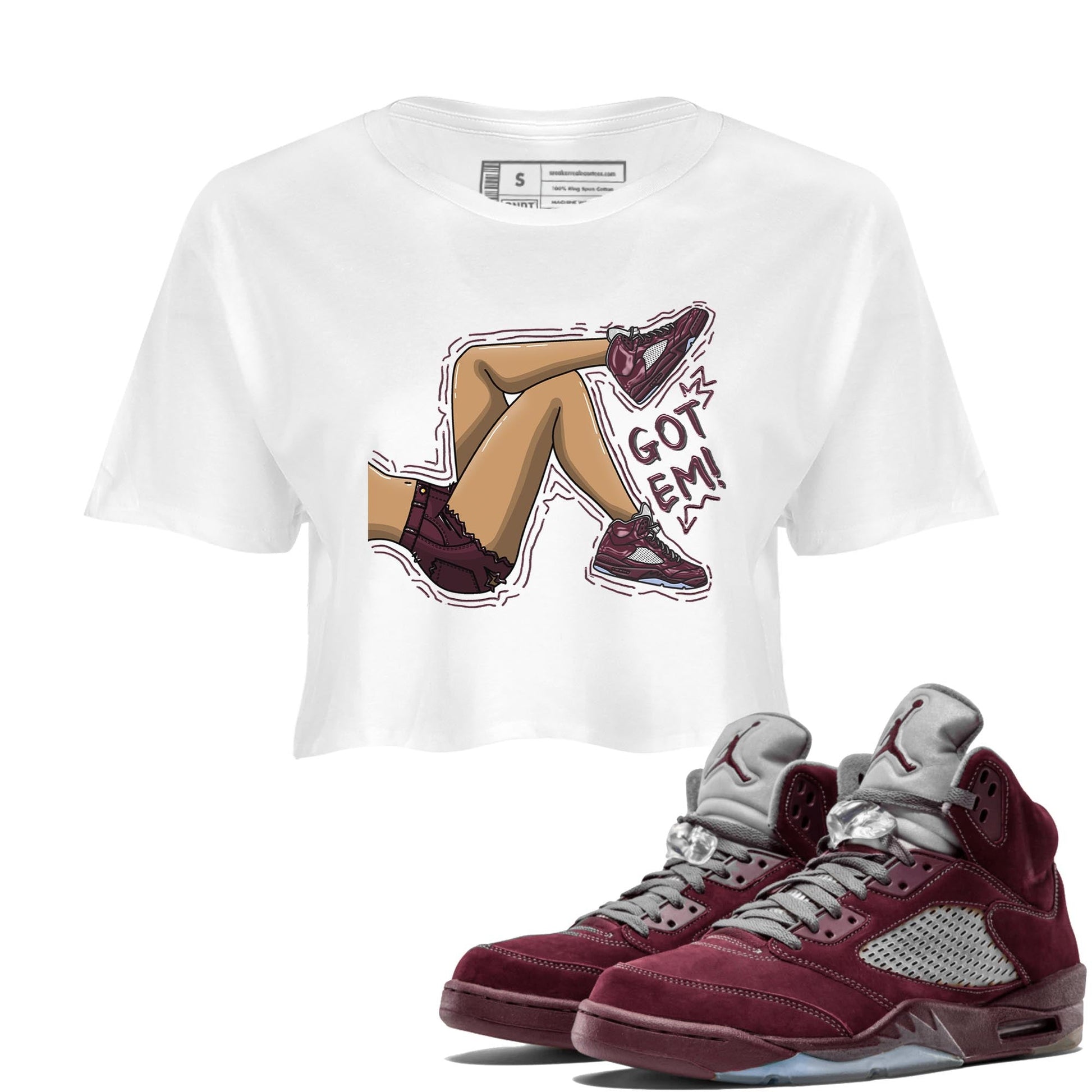 Jordan 5 Burgundy shirt to match jordans Got Em Legs sneaker tees Crew Neck AJ5 Burgundy SNRT Sneaker Release Tees White 1 Crop T-Shirt