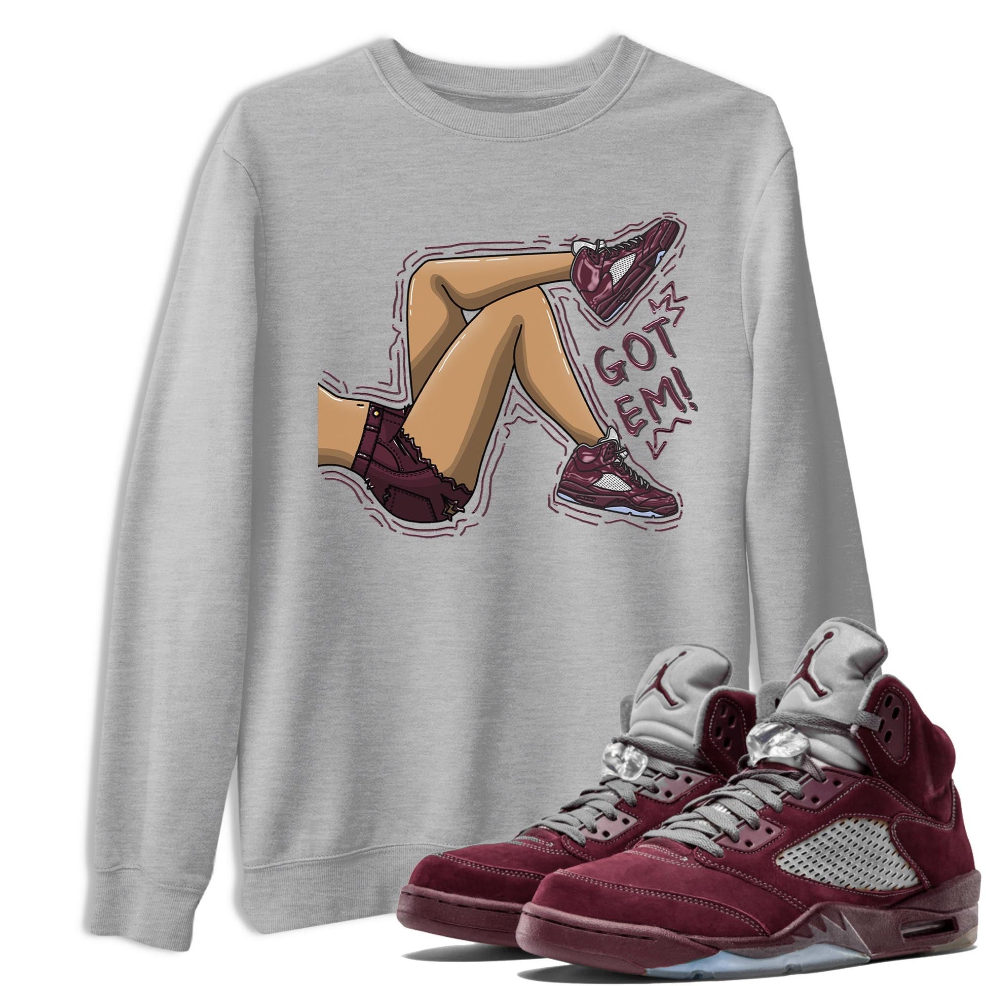 Jordan 5 Burgundy shirt to match jordans Got Em Legs sneaker tees Crew Neck AJ5 Burgundy SNRT Sneaker Release Tees Unisex Casual Shirts Heather Grey 1 T-Shirt