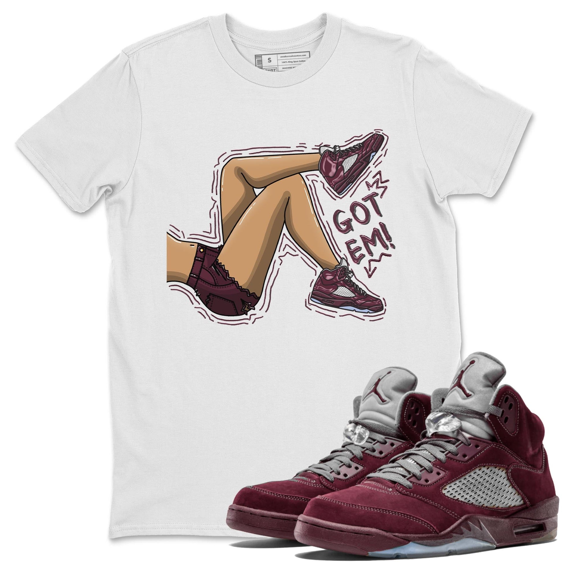 Jordan 5 Burgundy shirt to match jordans Got Em Legs sneaker tees Crew Neck AJ5 Burgundy SNRT Sneaker Release Tees Unisex Casual Shirts White 1 T-Shirt