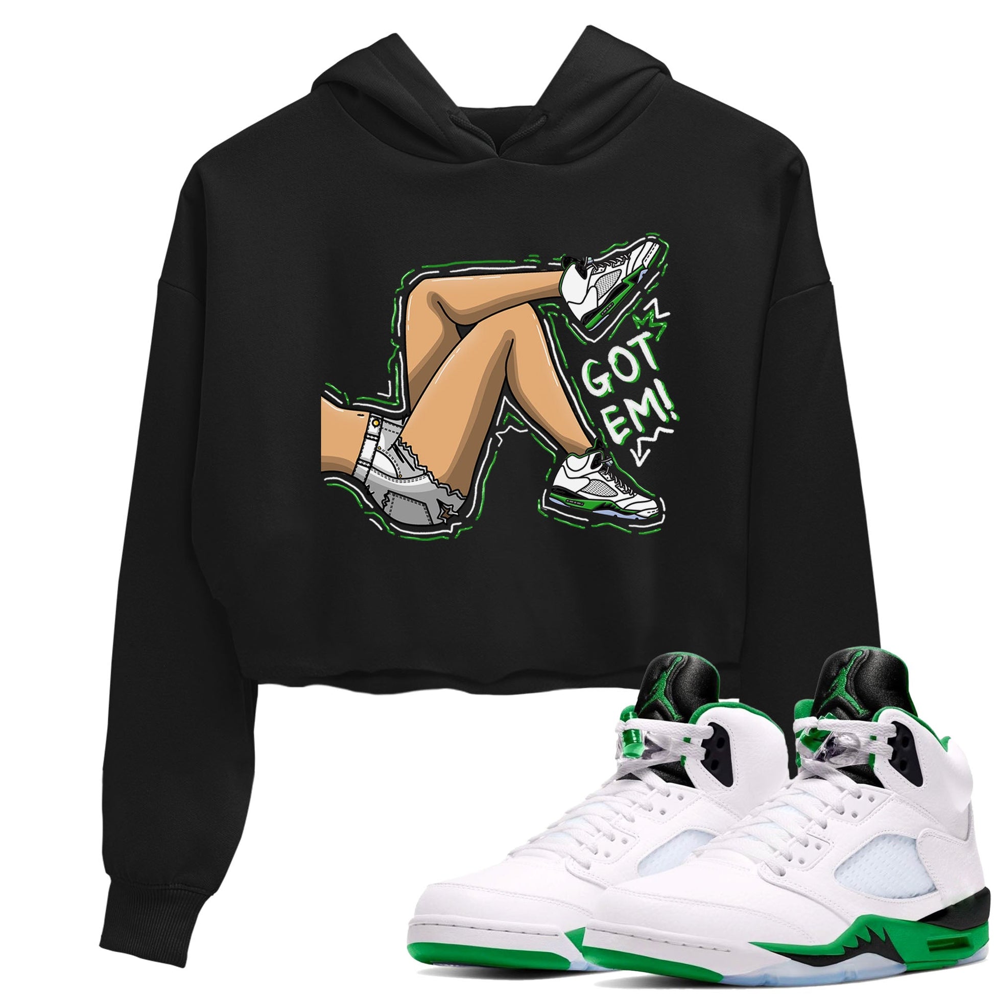 5s Lucky Green shirt to match jordans Got Em Legs sneaker tees Air Jordan 5 Lucky Green SNRT Sneaker Release Tees Black 1 crop length shirt
