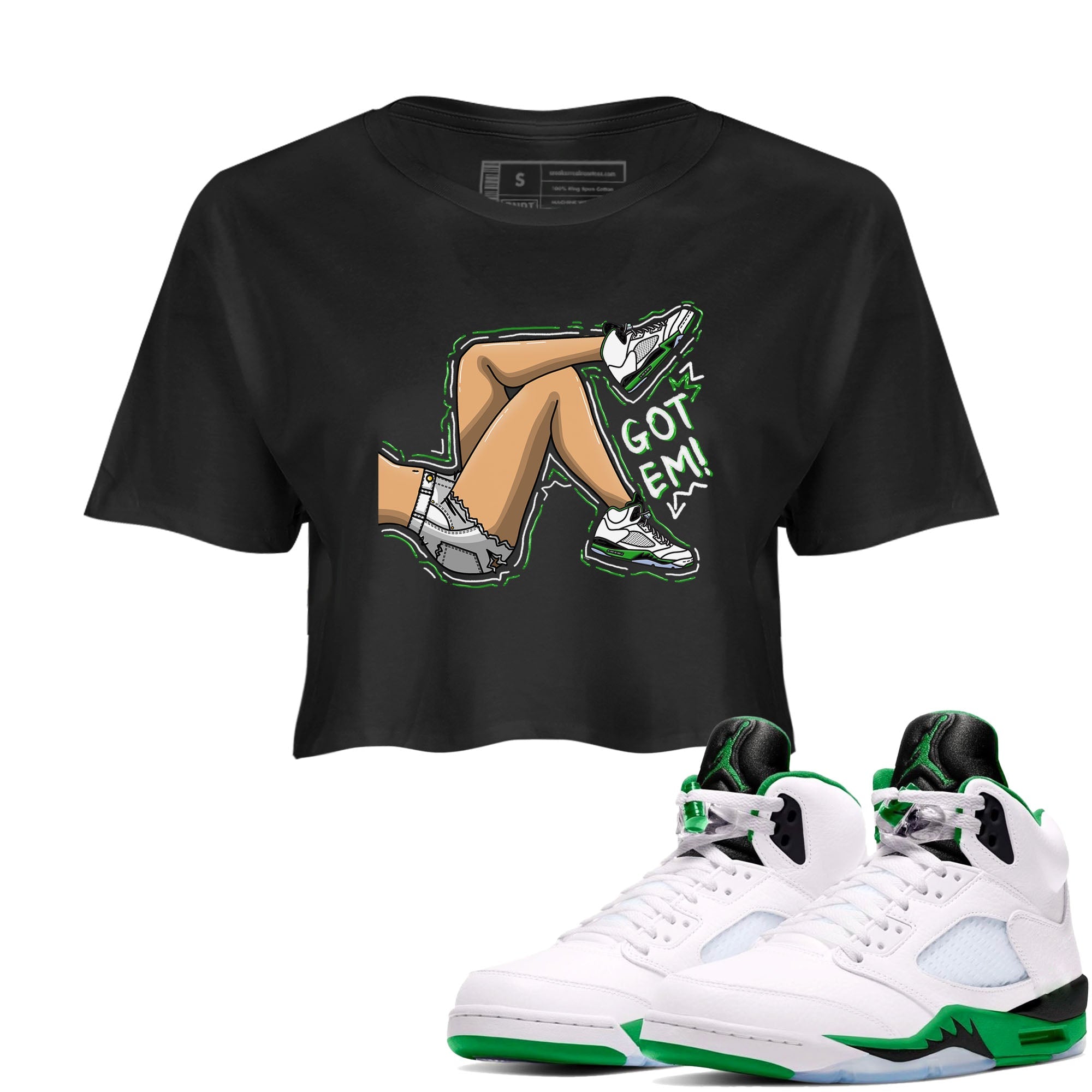 5s Lucky Green shirt to match jordans Got Em Legs sneaker tees Air Jordan 5 Lucky Green SNRT Sneaker Release Tees Black 1 crop length shirt