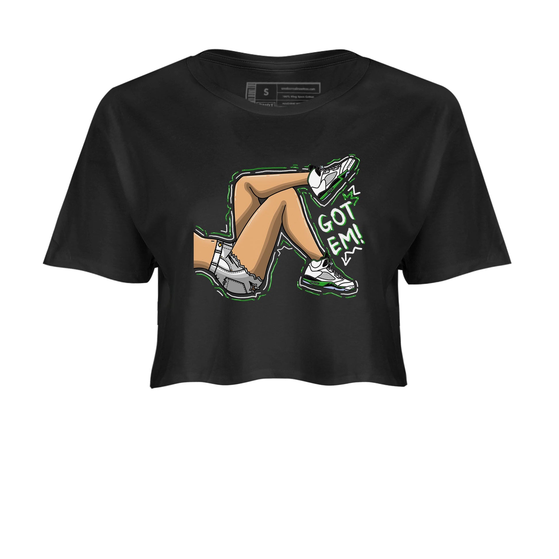 5s Lucky Green shirt to match jordans Got Em Legs sneaker tees Air Jordan 5 Lucky Green SNRT Sneaker Release Tees Black 2 crop length shirt