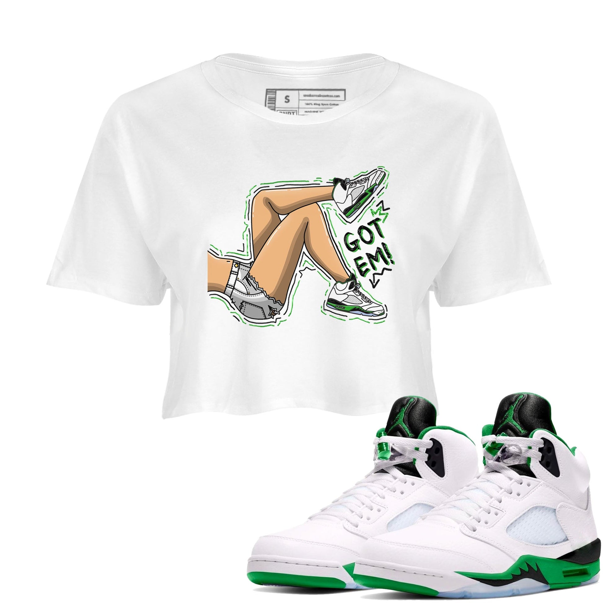 5s Lucky Green shirt to match jordans Got Em Legs sneaker tees Air Jordan 5 Lucky Green SNRT Sneaker Release Tees White 1 crop length shirt