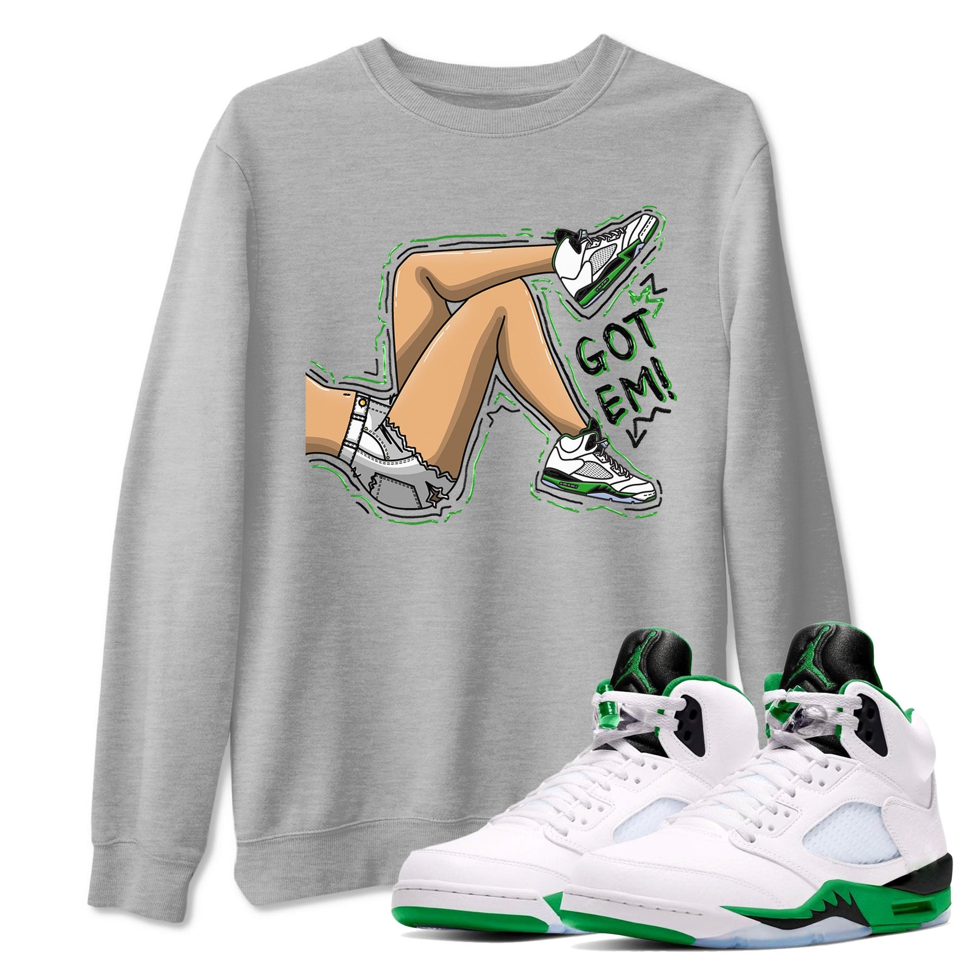 5s Lucky Green shirt to match jordans Got Em Legs sneaker tees Air Jordan 5 Lucky Green SNRT Sneaker Release Tees unisex cotton Heather Grey 1 crew neck shirt
