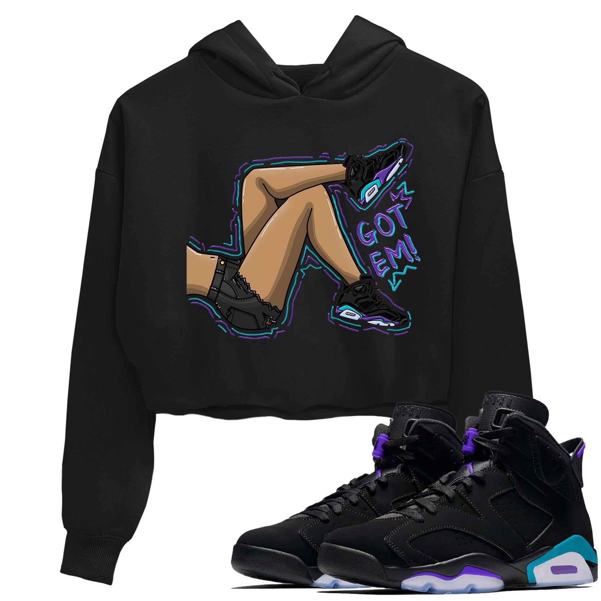 AJ6 Aqua shirt to match jordans Got Em Legs sneaker release tees Air Jordan 6 Aqua SNRT Sneaker Tees Black 1 Crop T-Shirt