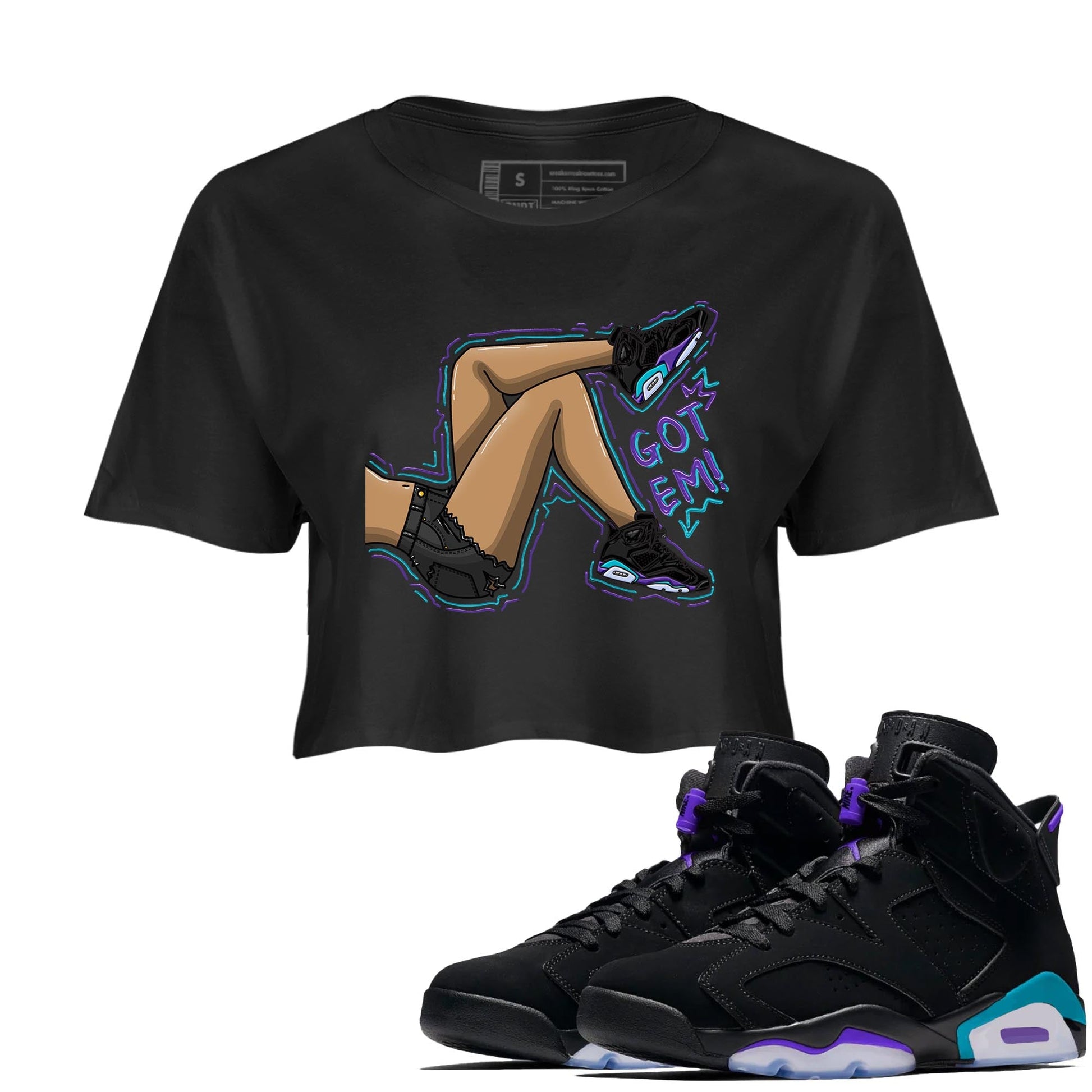 AJ6 Aqua shirt to match jordans Got Em Legs sneaker release tees Air Jordan 6 Aqua SNRT Sneaker Tees Black 1 Crop T-Shirt