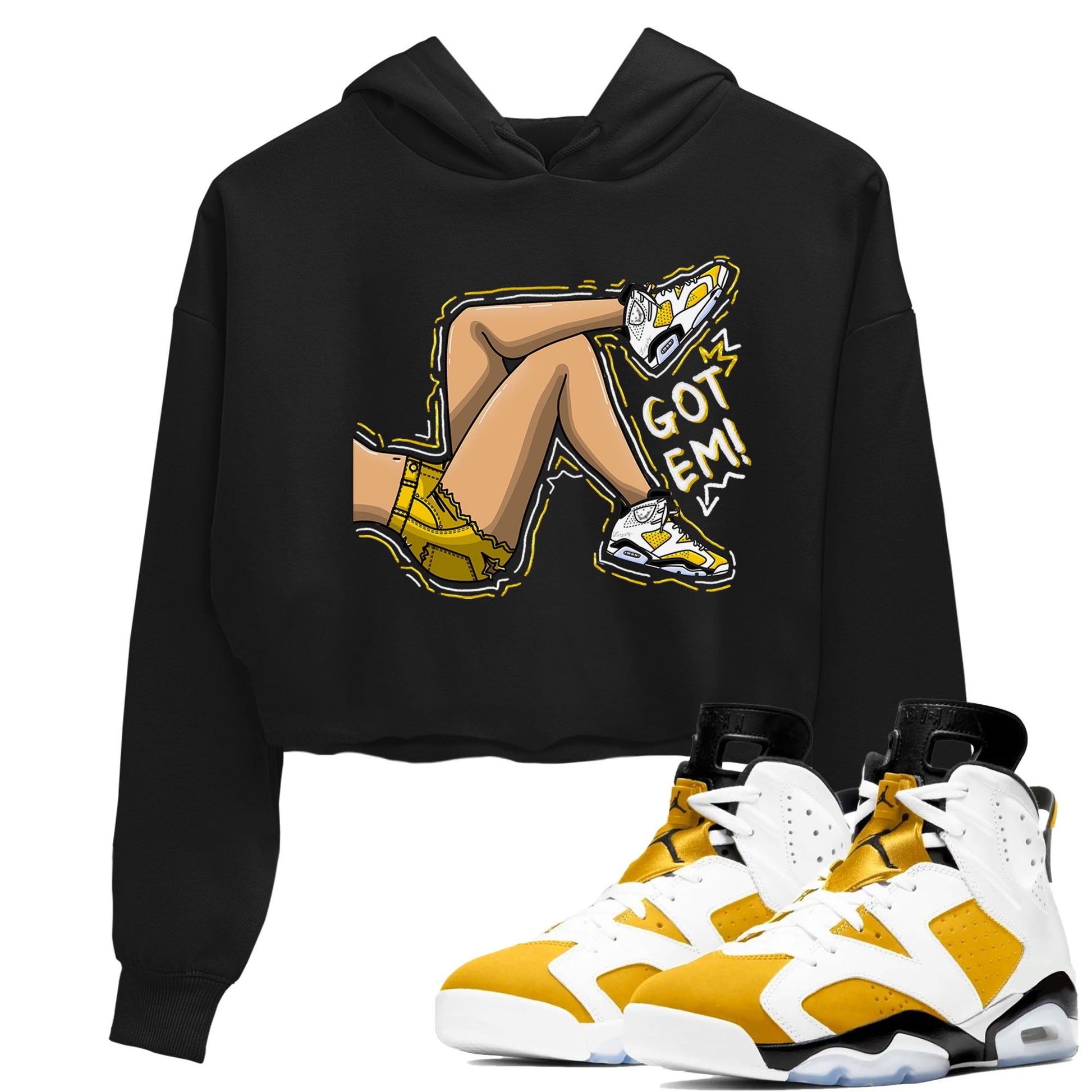 Got Em Legs sneaker match tees to Yellow Ochre 6s street fashion brand for shirts to match Jordans SNRT Sneaker Tees Air Jordan 6 Yellow Ochre unisex t-shirt Black 1 crop shirt