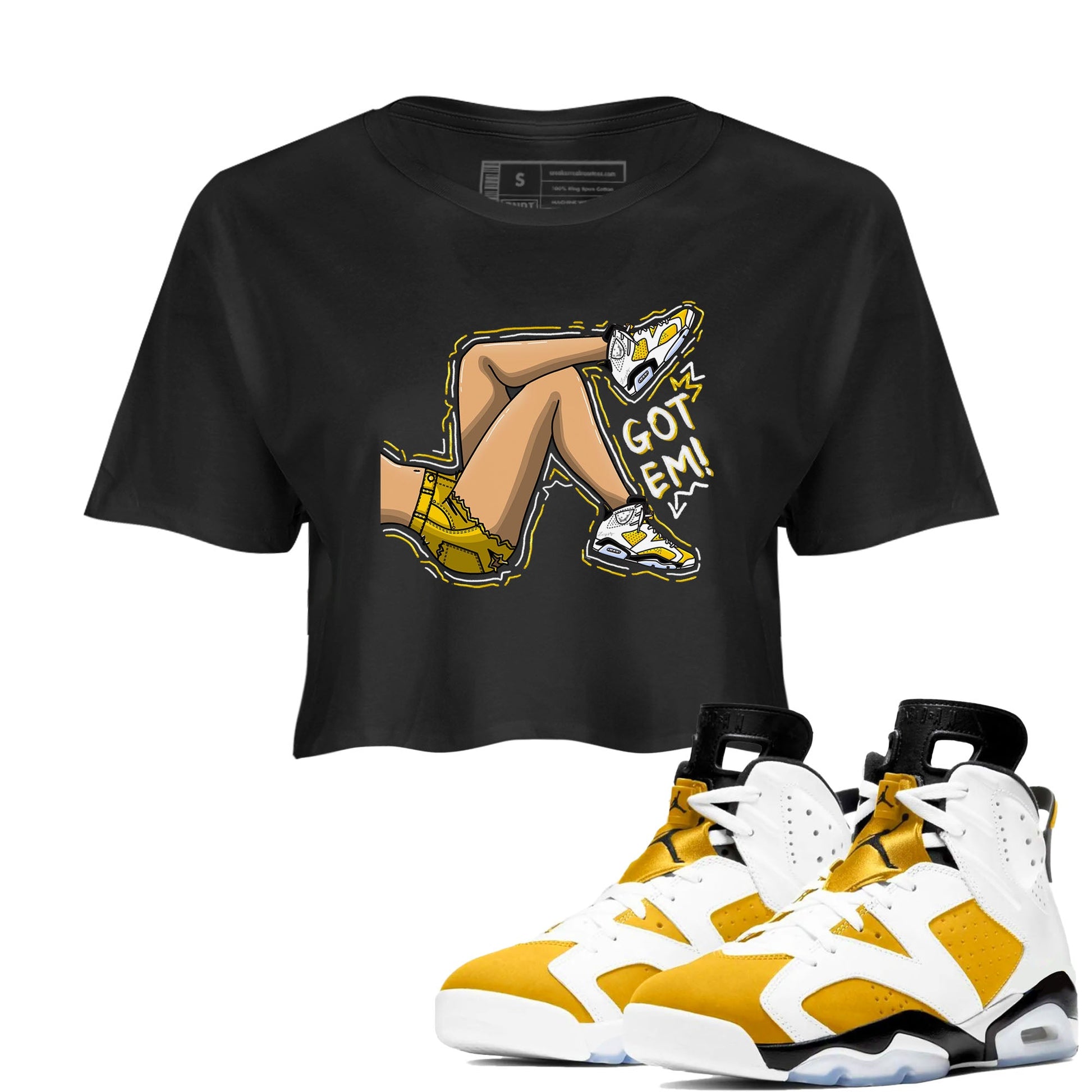 Got Em Legs sneaker match tees to Yellow Ochre 6s street fashion brand for shirts to match Jordans SNRT Sneaker Tees Air Jordan 6 Yellow Ochre unisex t-shirt Black 1 crop shirt